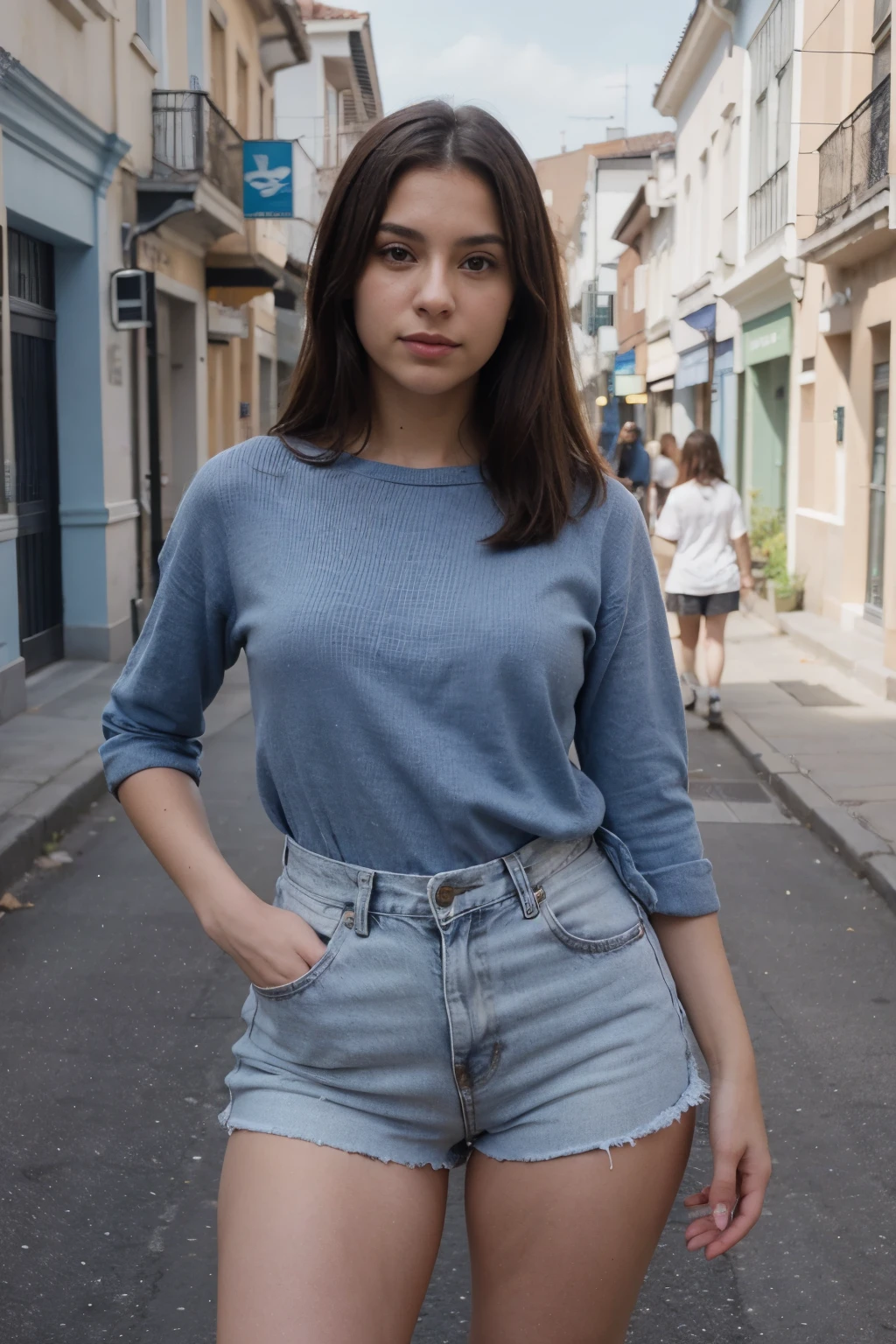 Alicia Vikander dressed in a blue top and jeans smiling