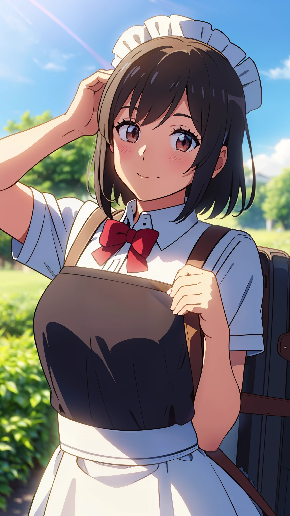 shinkai makoto, kimi no na wa., 1girl, bangs, black hair, short hair, blush, brown eyes, looking at the viewer, ((girl wear maid dress, short sleeves, short dress, short skirt, maid headdress)), red bow, red ribbon, smile, cute, school backpack, happy, fun, joyful, school, outdoors, sky, cloud, sunlight, upper body
