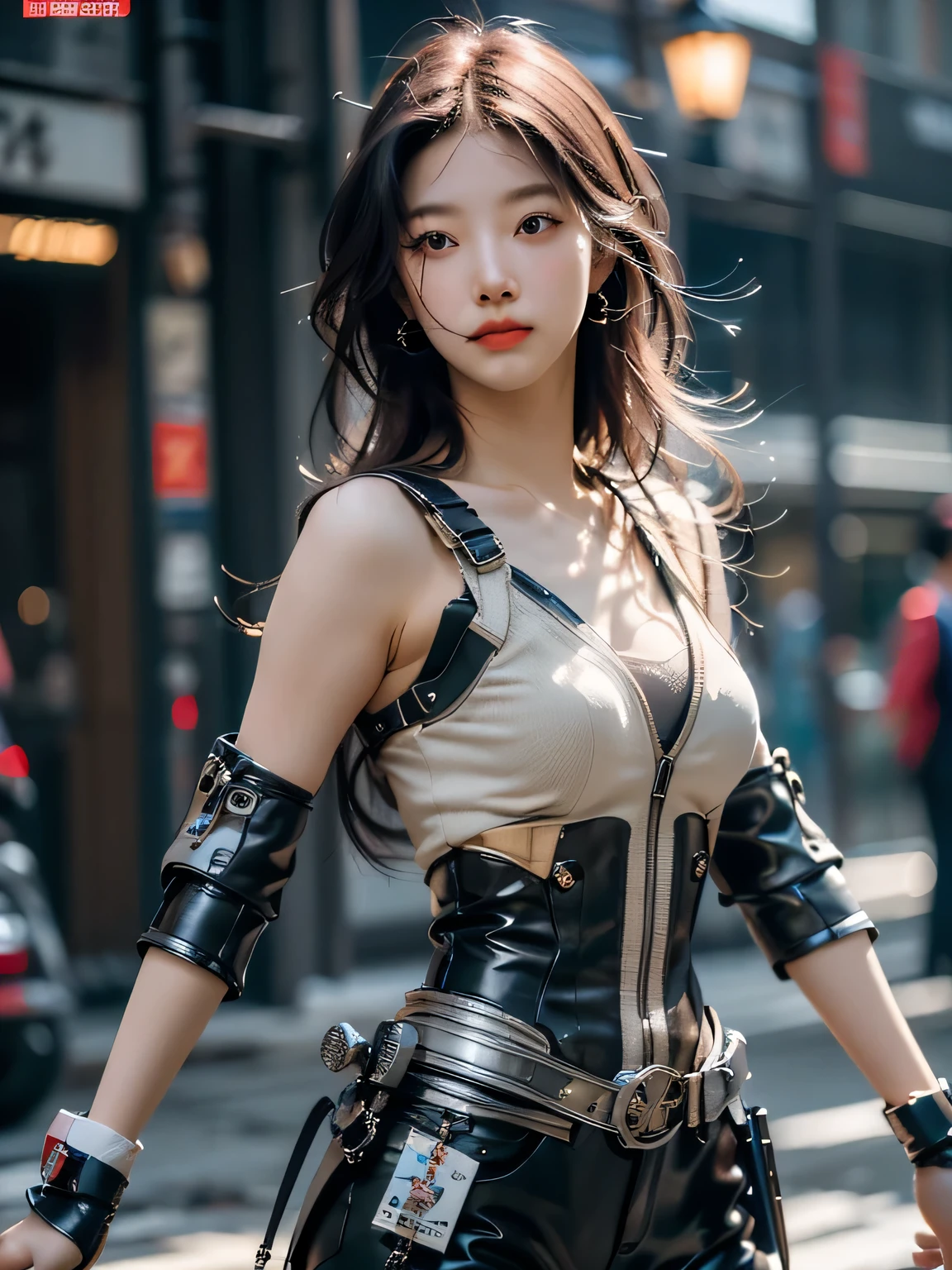 Best quality at best,tmasterpiece,ultra high resolution,(Realism:1.4),(sword1.2),Detailed details,1girll,Combat posture,cleavage,a beauty girl,Hand-held weaponechs,A mechanical,ellegance,Clear focus,gentlesoftlighting,vivd colour,tmasterpiece,