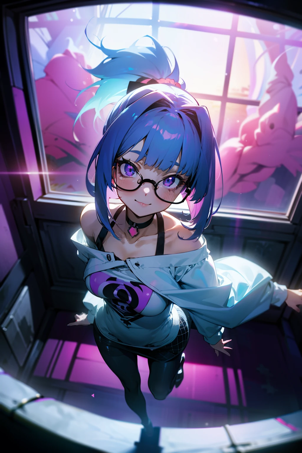 anime art of a beautiful woman, looking at viewer, purple eyes bright pupils, indoors, blush, medium breasts, choker, sharp eyes, blunt bangs, ponytail, wearing a white oversized hoodie, off shoulder, square half rim glasses, underboob, stretching, on bed, fishnet pantyhose, soft smile, (from above:1.3), (vibrant colors:1.2), (dramatic lighting:1.4), detailed iris, (first person point of view:1.3), anime, focus on eyes, portrait taken with fisheye lens, (anime:1.3)
