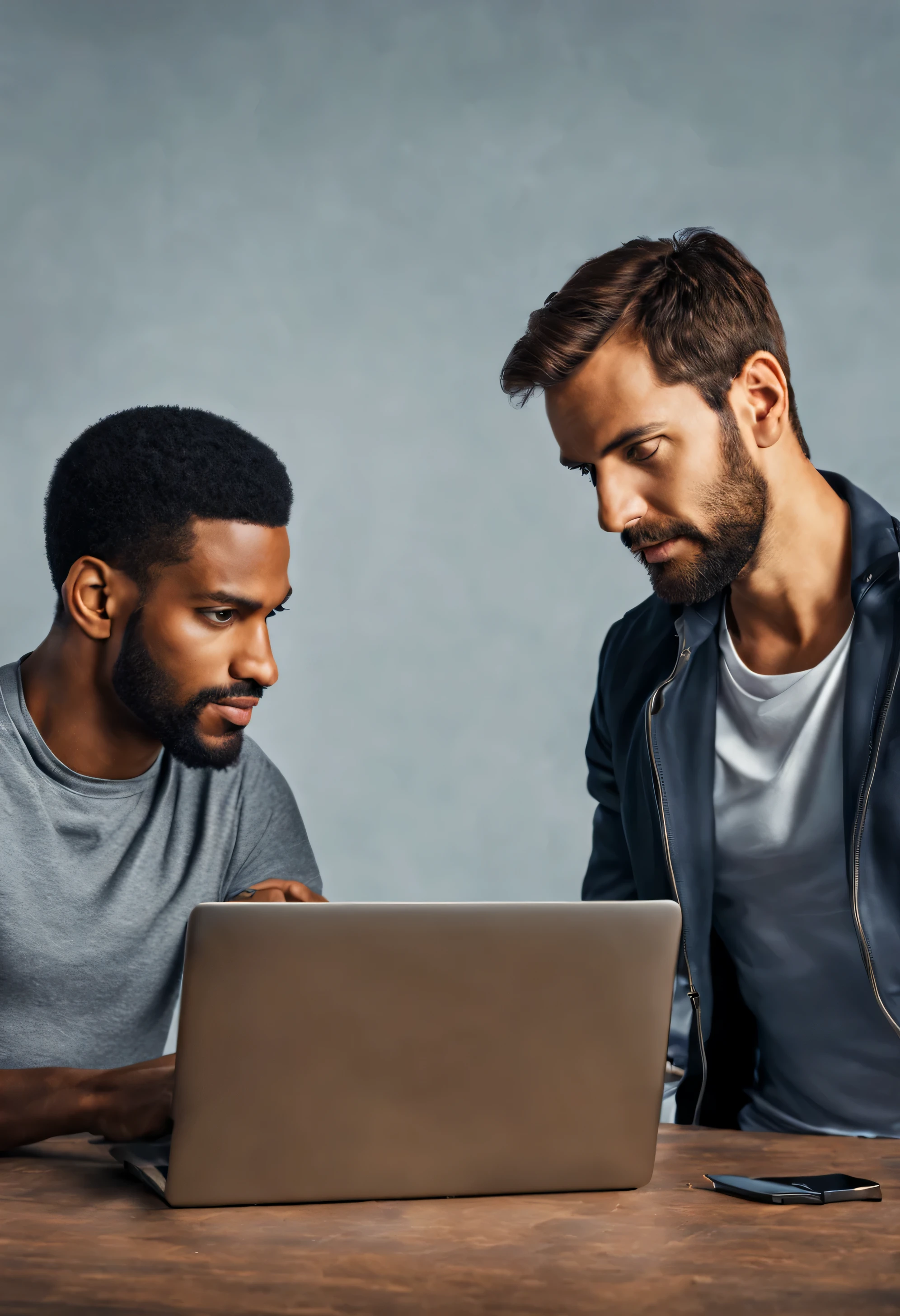 Photorealistic detailed Photo of two Men Having Conversation with laptop, 32k resolution