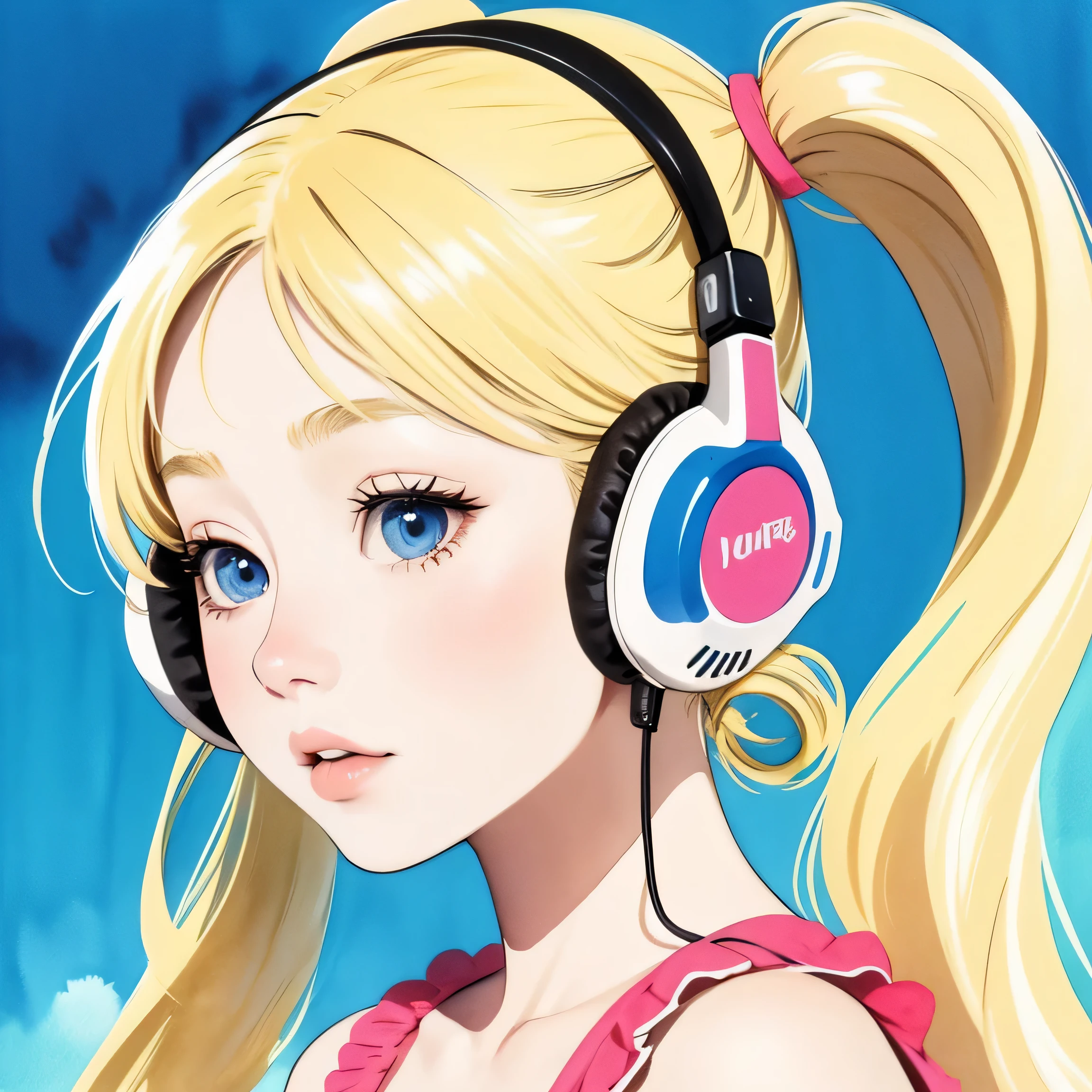 close up of face、colorful、headphones、watercolor、blonde、twin tails、I'm 、profile、Upper body、underwear
