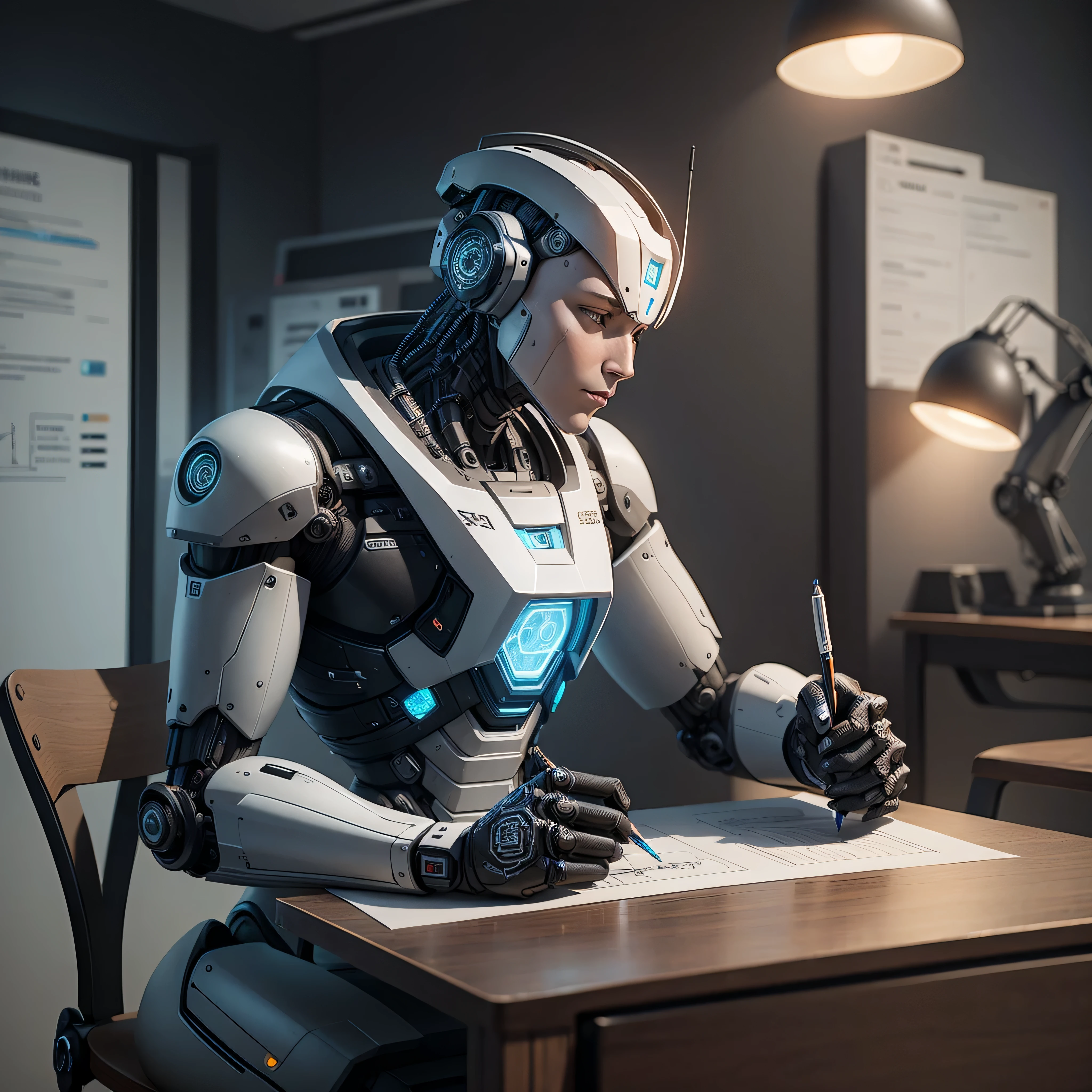 An artificial intelligence robot sits at a table, the robot is drawing, and the robot is holding a pen, photo-realistic, octane render, unreal engine, ultra-realistic
