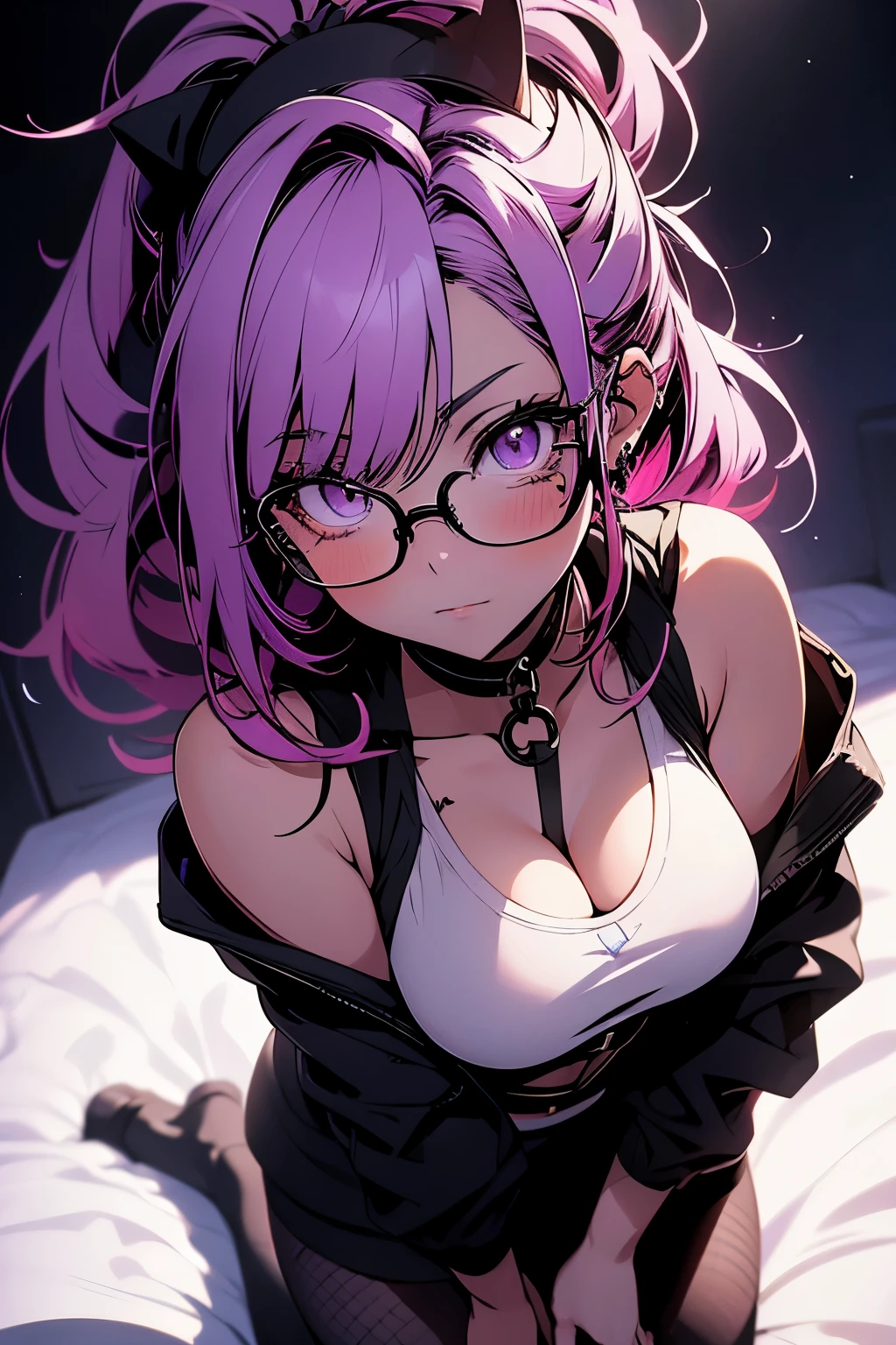 anime art of a beautiful woman, looking at viewer, purple eyes bright pupils, indoors, blush, medium breasts, choker, sharp eyes, blunt bangs, ponytail, wearing a white oversized hoodie, off shoulder, square half rim glasses, underboob, stretching, on bed, fishnet pantyhose, soft smile, (from above:1.3), (vibrant colors:1.2), (dramatic lighting:1.4), detailed iris, (first person point of view:1.3), anime, focus on eyes, portrait taken with fisheye lens, (anime:1.3)