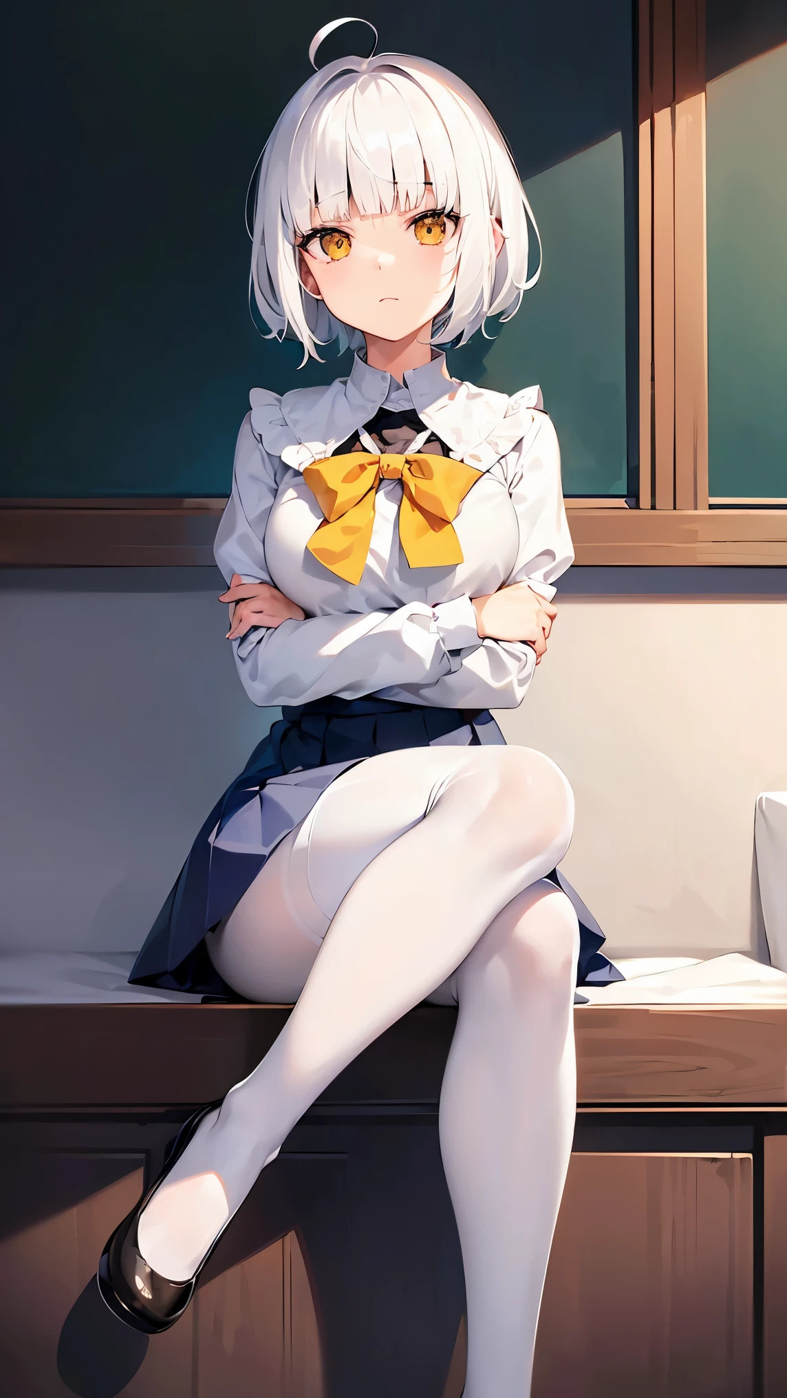 ((Capa)), ((Ilustration)), 1girl, (ta), ((((short white hair)))), (((blunt bangs))), yellow eyeessy hair)), ((((without expression)))), ((arms crussed)), (((sitting with legs crossed))), ((wearing white tights)), Sonolenta, ((ahoge)), ((black School uniform)), desleixada, ((melhor qualidade)), ((obra de arte)), (detalhado), rosto perfeito, ((style novel)), ((in Room))