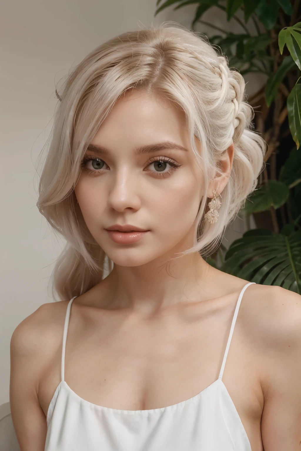 loira com cabelo longo vestindo um top vermelho e um colar, Karina do Aespa, cabelo loiro muito claro, com cabelos longos brancos, maximum quality, pale porcelain white skin, cabelo loiro extremamente claro