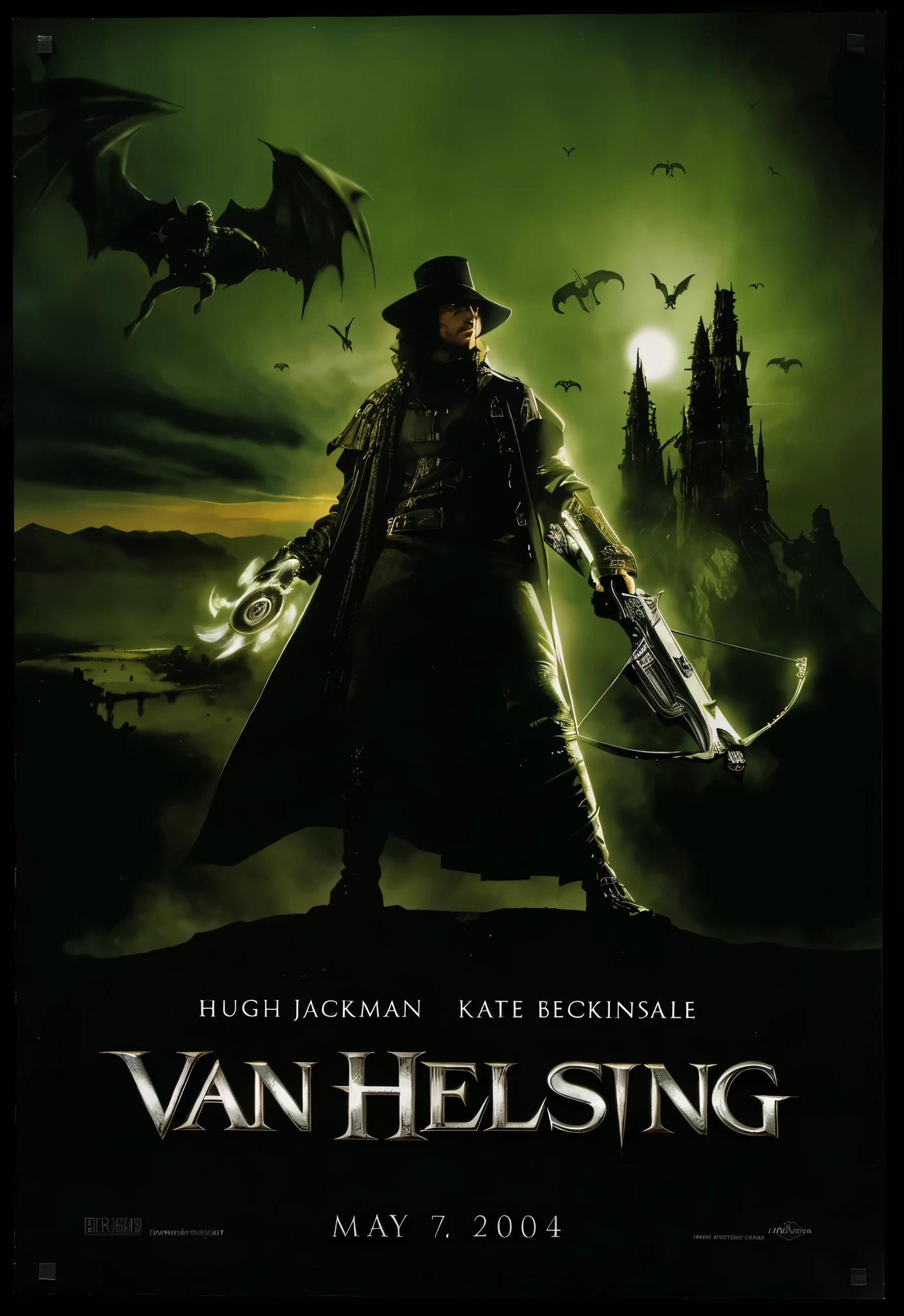 a close-up of a movie poster with a man in a hat and a sword, cartaz do filme de fantasia, vampire hunter d, high fantasy art film poster, [ teatral ], best selling movie poster, Video Cover, matte painting movie poster, As Solomon Kane, Filme de 1995, movie poster character, Drew Struzan Tomasz Alen Kopera