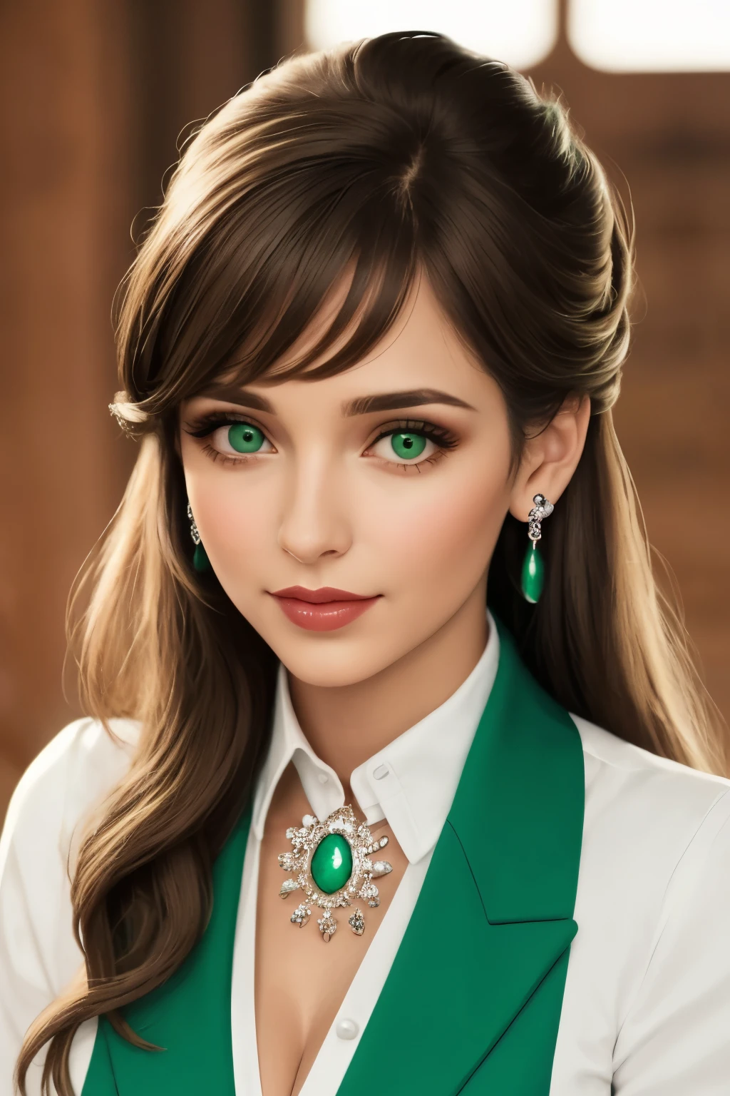 CRIE PARA MIM UMA MELHER LOIRA DE OLHOS VERDES, MUITO ELEGANTE, COM BRINCOS E COLAR DISCRETO