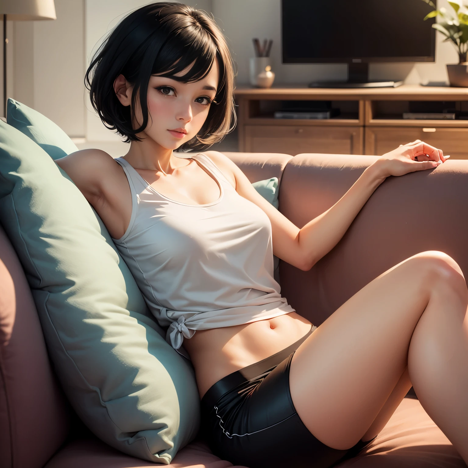 Cute woman laying on a sofa while watching tv, she is focused and blushing, she has short black hair and is wearing a casual white top and short black pants,