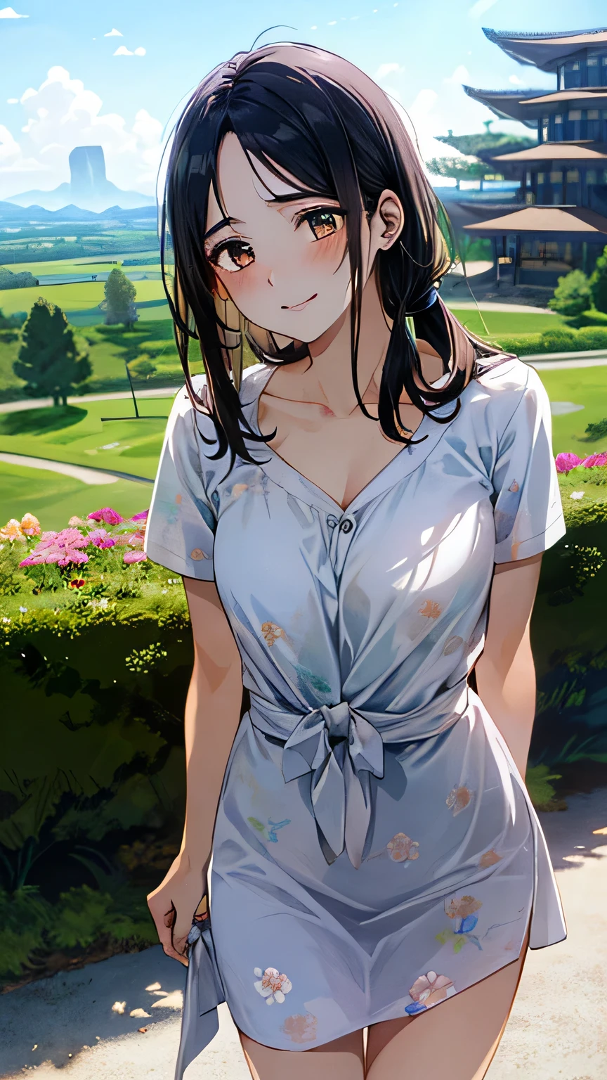 (obra de arte:1.2, maximum quality, ultra-high resolution, ultra detalhado), (Realista, Sobre Fotoreal:1.4), beautiful illustration, (natural side lighting, film lighting),
olhando para o espectador,a filha de Madara uchiha
rosto perfeito, (anatomia perfeita), beautiful and symmetrical face, pele brilhante, delgado,
(cabelo longo, (low-tied cabelo longo:1.5), cabelo preto), cabelo entre os olhos, franja varrida, olhos castanhos, droopy eyes, Olhos grandes, chicote de olhos longo, (medium breasts),
Cabelo bonito, rosto bonito, lindos olhos detalhados, beautiful collarbone, Corpo bonito, lindo peito, linda coxa, lindas pernas,
((vestido estampa floral roxo claro e rosa)),
(beautiful scenery), profundidade de campo, morning, (parque, cityscape in the distance), Standing, (sorriso gentil, Olhos superiores