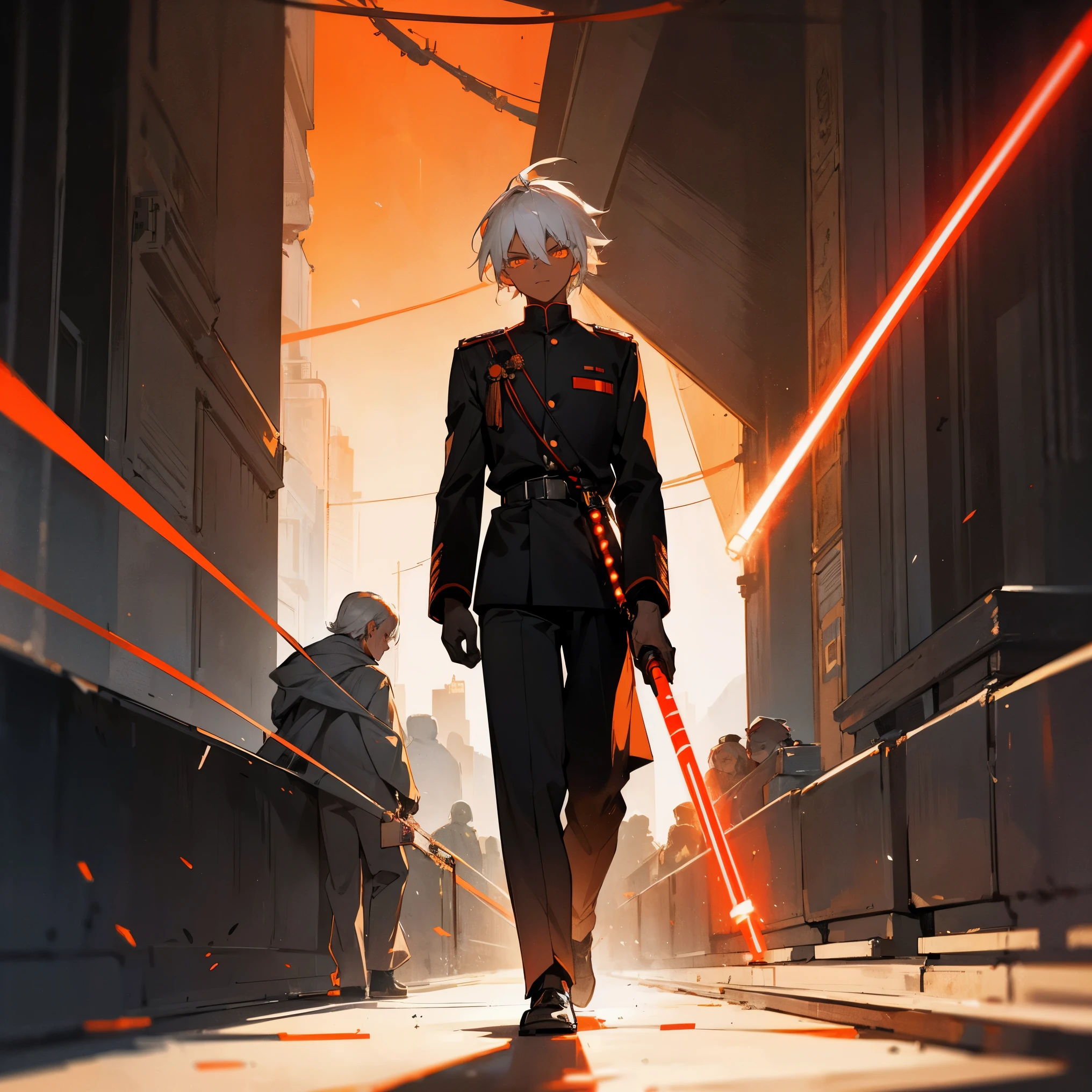 1male, young , dark skin, medium messy white hair, finely detailed orange eyes, black long sleeve clothing, north korean military uniform, black glove on single hand, emotionless expression, walking down ally, night, futuristic city, holding red light saber