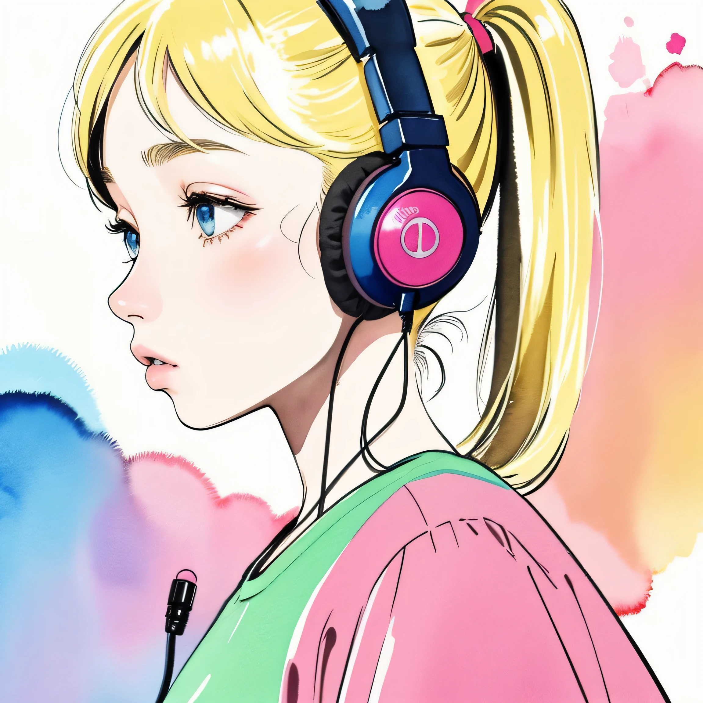 close up of face、colorful、headphones、watercolor、blonde、twin tails、I&#39;m 、profile、Upper body、underwear