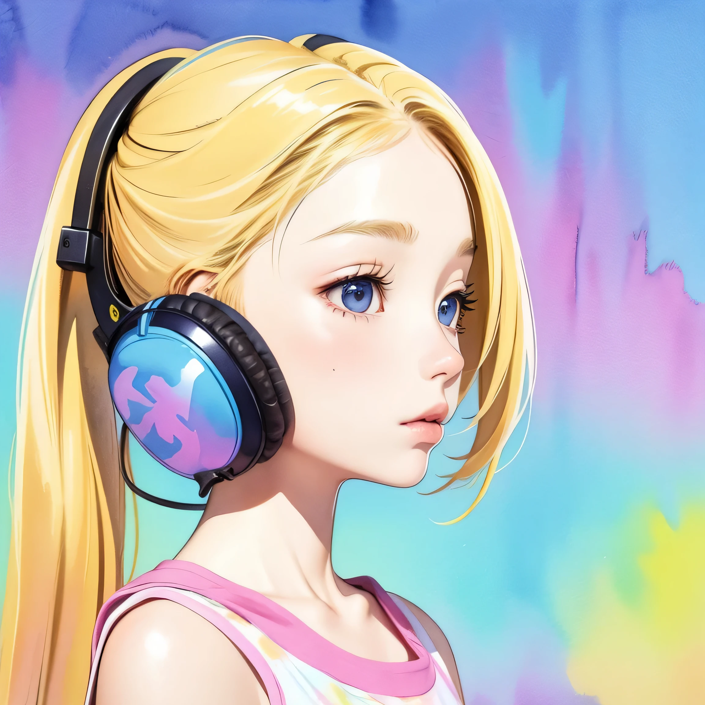 close up of face、colorful、headphones、watercolor、blonde、twin tails、I&#39;m 、profile、Upper body、naked