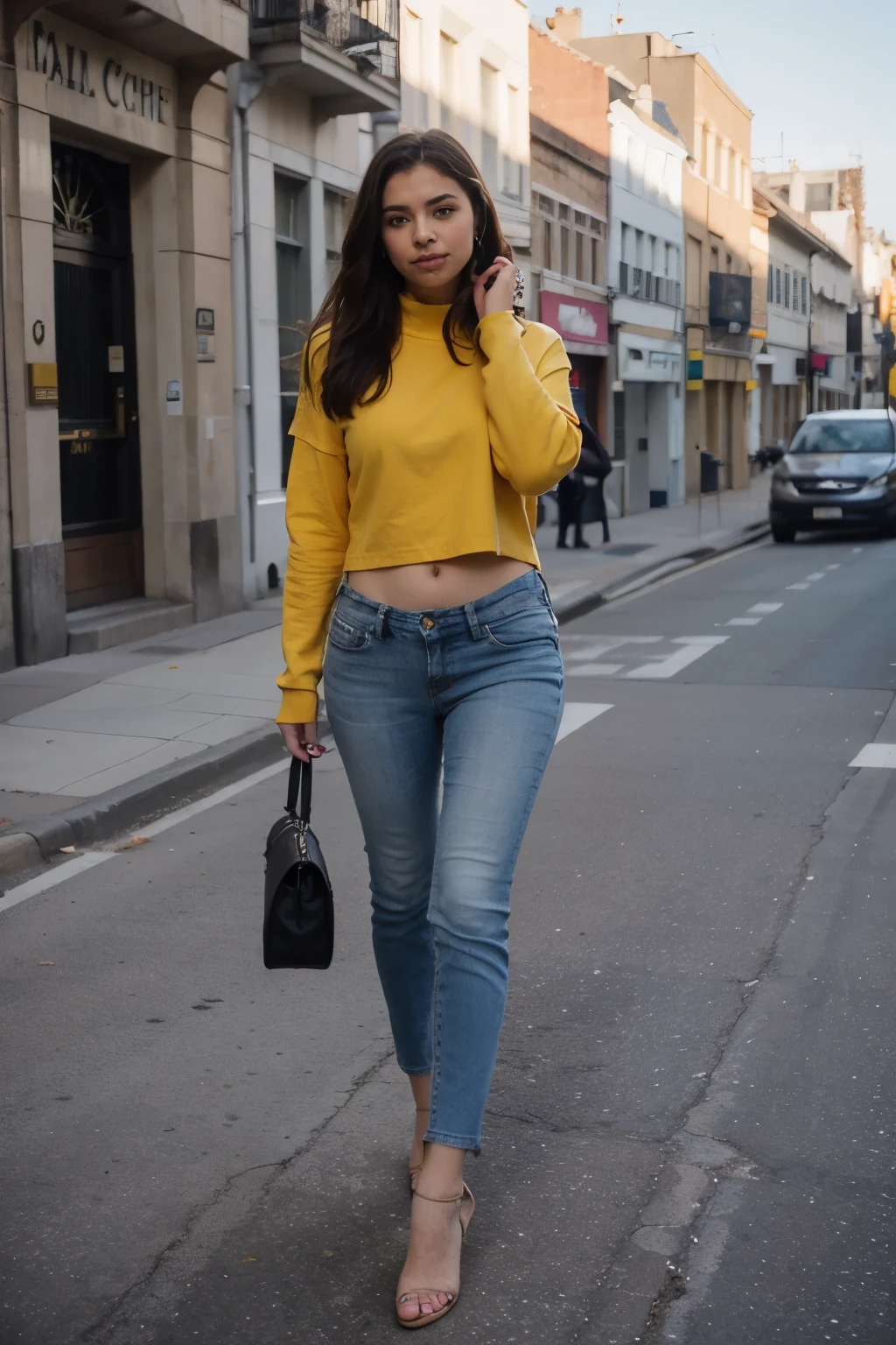 latina vistiendo un top amarillo y jeans azules parado en medio de una calle, un cuadro inspirado en Esaias Boursse, presentado en instagram, realism, cintura delgada y caderas gruesas, grueso, tiro medio cintura para arriba, pose casual, con ropa azul y amarilla, mujer joven, de cintura para arriba, Caderas anchas, usando ropa sencilla y ajustada, grandes proporciones, full body in same photo