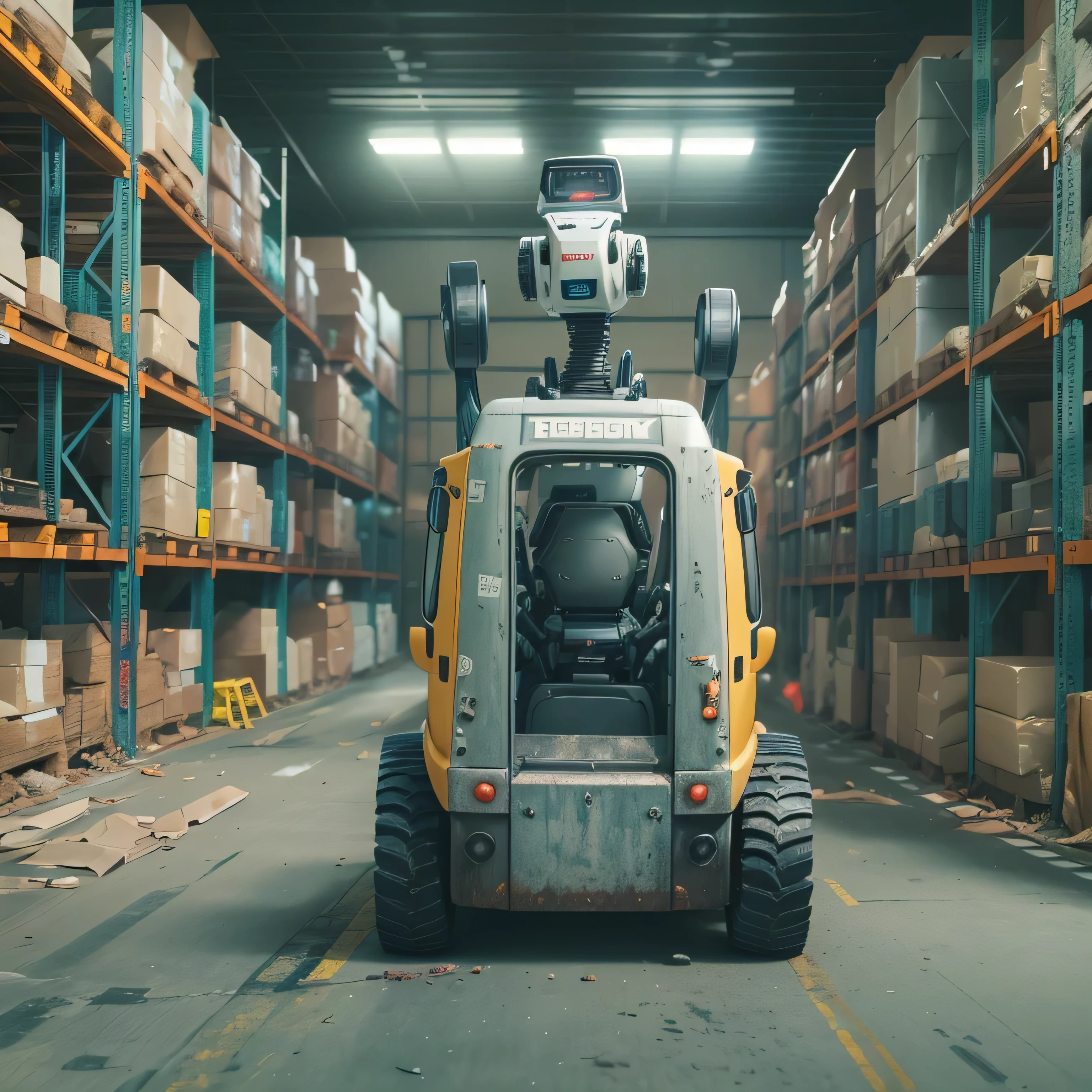 An artificial intelligence robot DRIVING a forklift, the robot is driving, and the robot is wearing a hardhat, photo-realistic, octane render, unreal engine, ultra-realistic