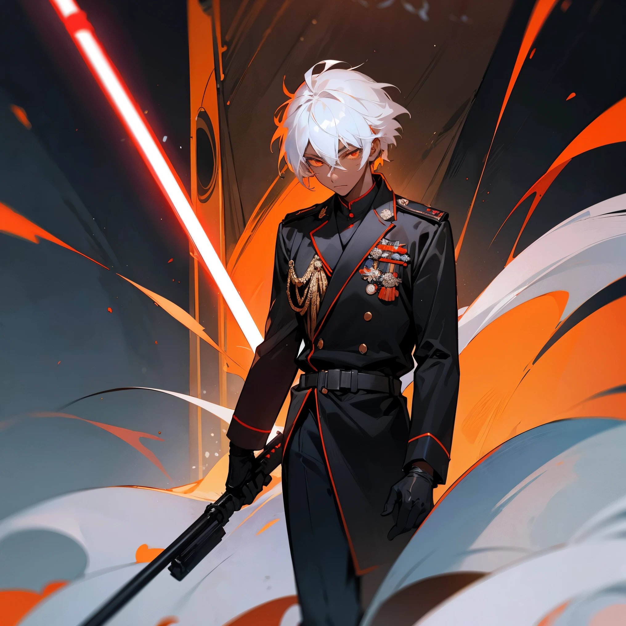 1male, young teen, dark skin, medium messy white hair, finely detailed orange eyes, black long sleeve clothing, north korean navy uniform, black glove on single hand, emotionless expression, walking down ally, night, futuristic city, holding red light saber