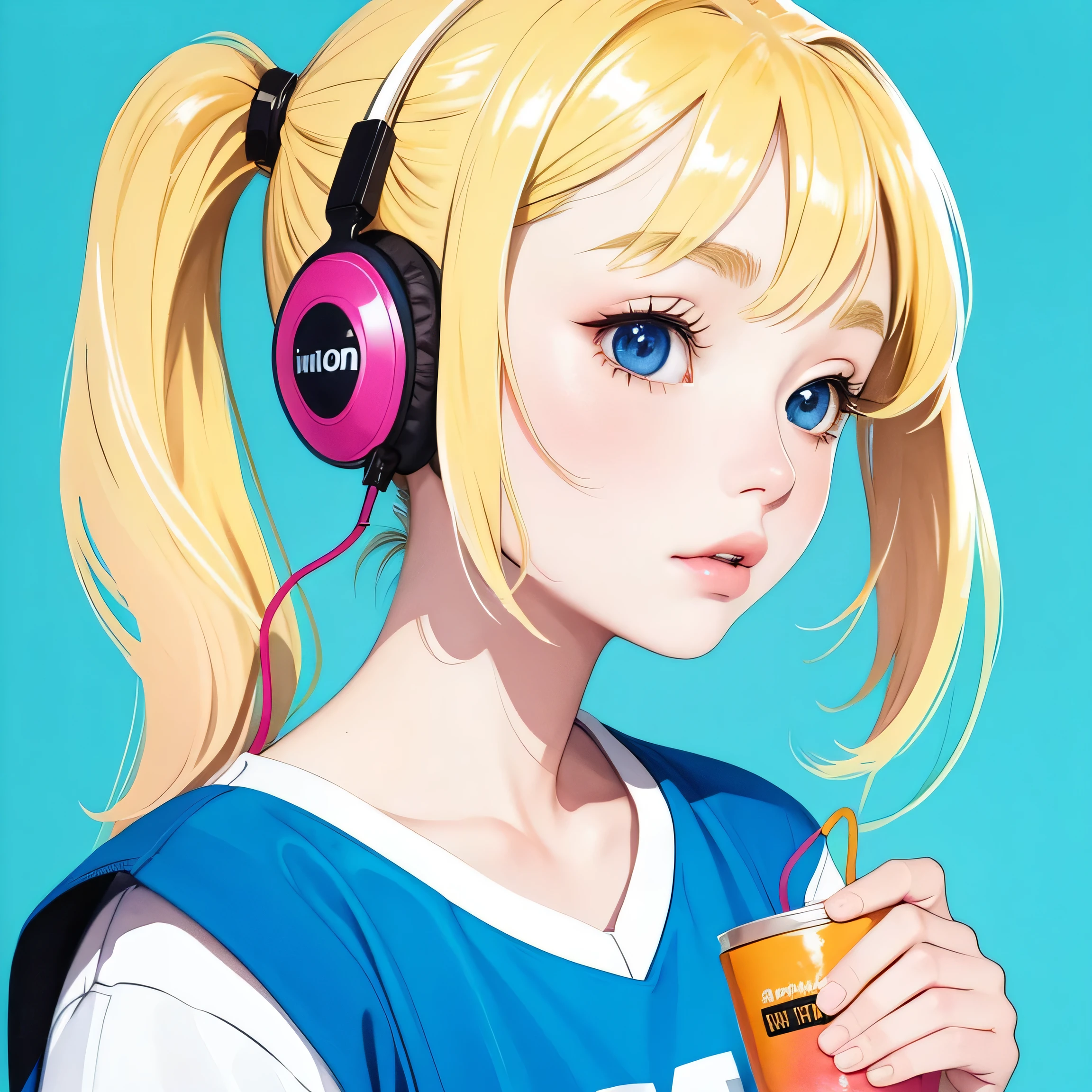 close up of face、colorful、headphones、watercolor、blonde、twin tails、I'm 、profile、Upper body、underwear