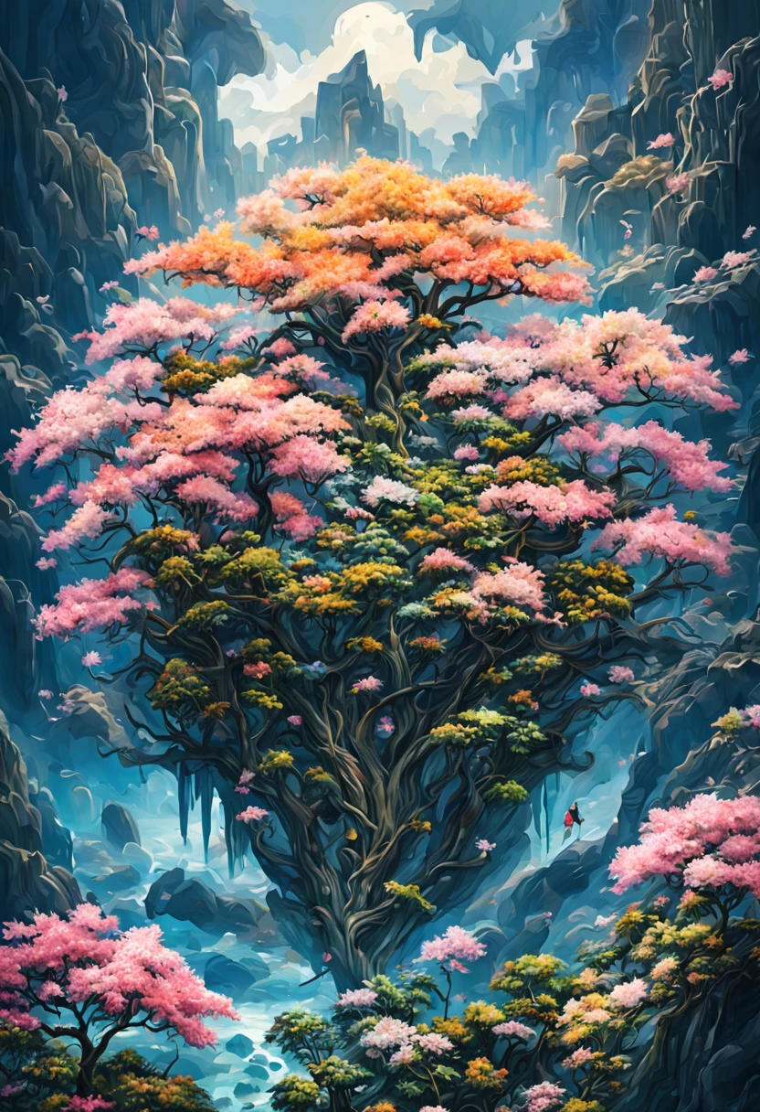 大面積粉色梅花  花林 艺Super detailed 淡淡粉色梅林 浪漫夢幻 花海  由上往下看 大大廣角 景深 電影大場景 专业photography, photography, intricate details, Super detailed, Surreal, ultra high definition