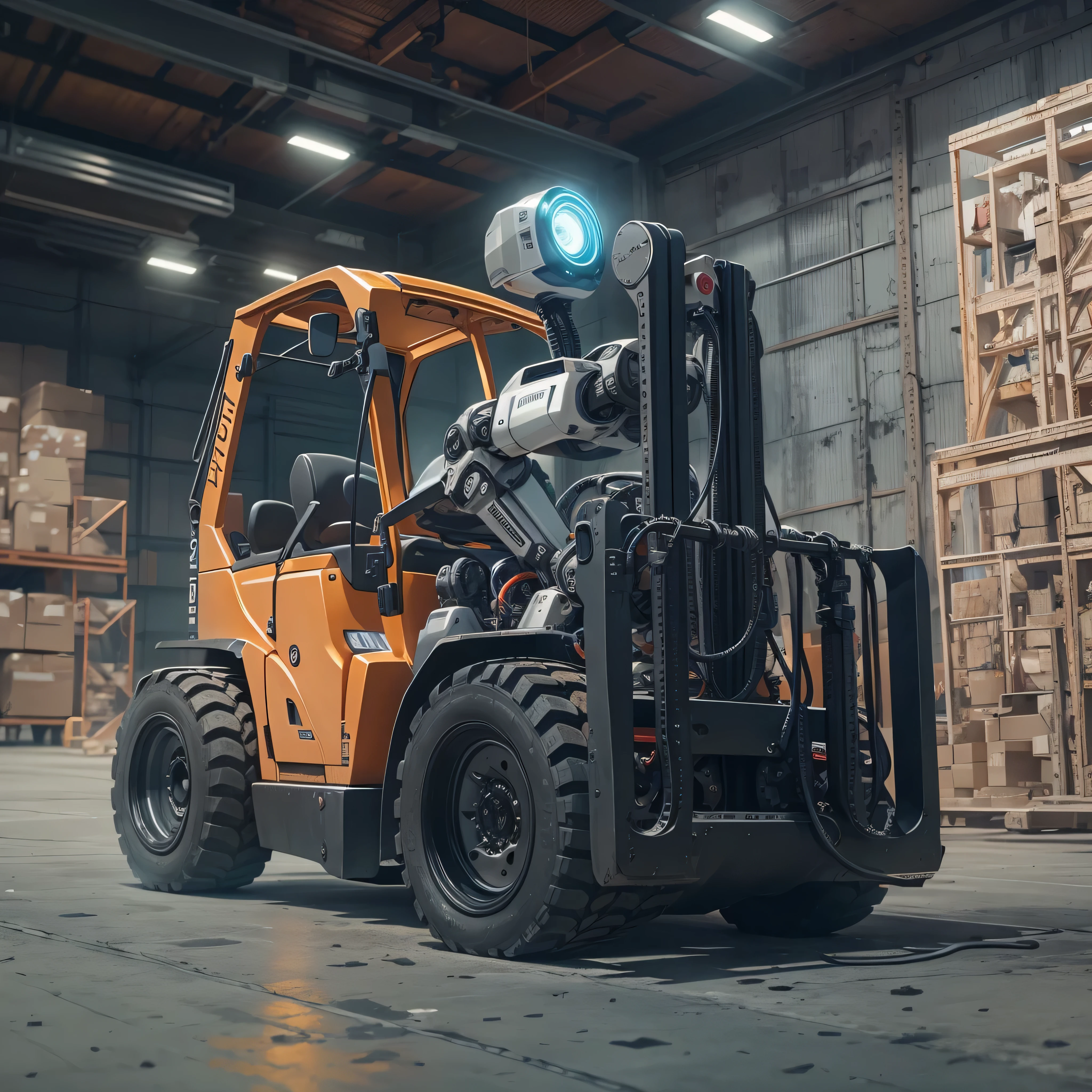 An artificial intelligence robot DRIVING a forklift, the robot is driving, and the robot is wearing a hardhat, photo-realistic, octane render, unreal engine, ultra-realistic