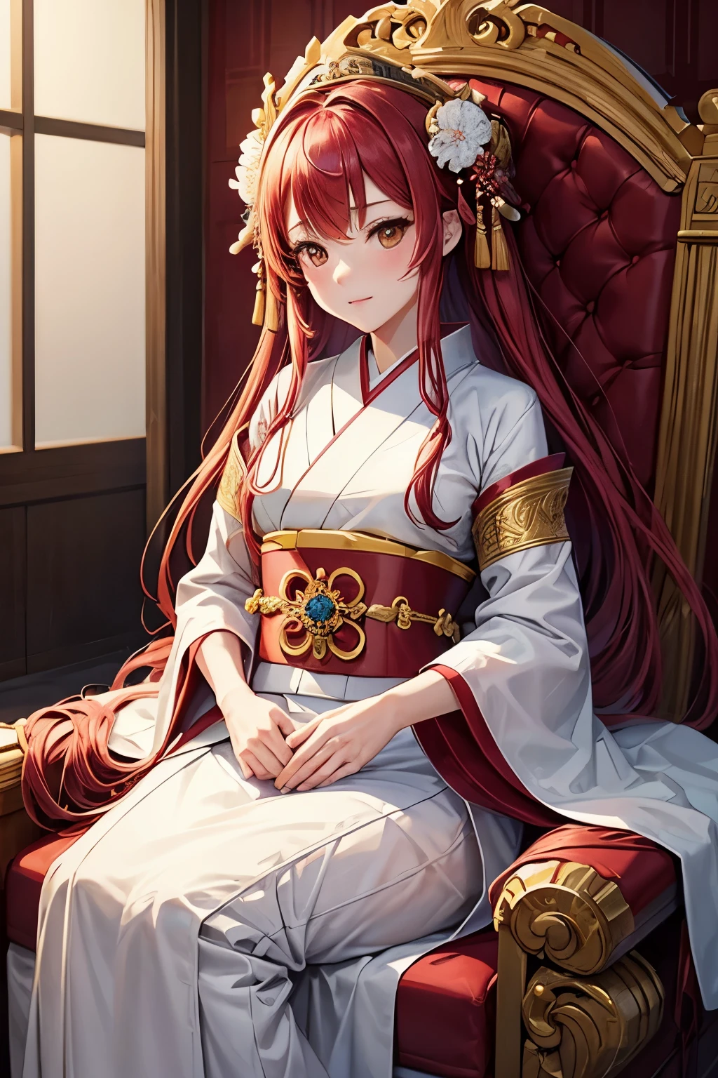 (masterpiece, best quality), 1girl named Sakuna from JJK, wearing a traditional white kimono with elegant patterns, sitting majestically on a red-hued throne, her long, vibrant red hair cascading down her back, the throne room adorned with intricate red decorations, the background illuminated by the soft, warm glow of lanterns, a serene expression on her face, capturing the essence of tranquility and power.