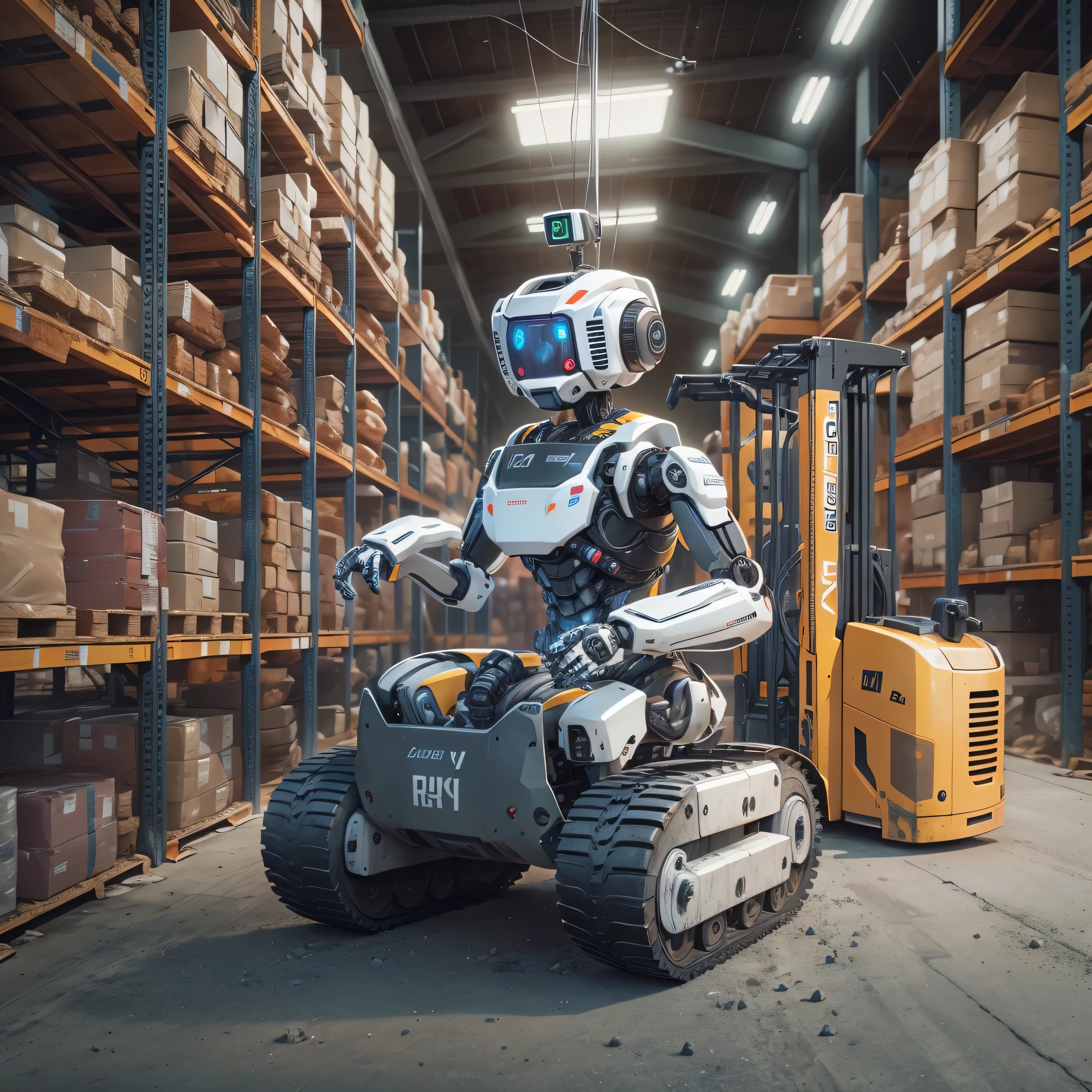 An artificial intelligence robot DRIVING a forklift, the robot is driving, and the robot is wearing a hardhat, photo-realistic, octane render, unreal engine, ultra-realistic