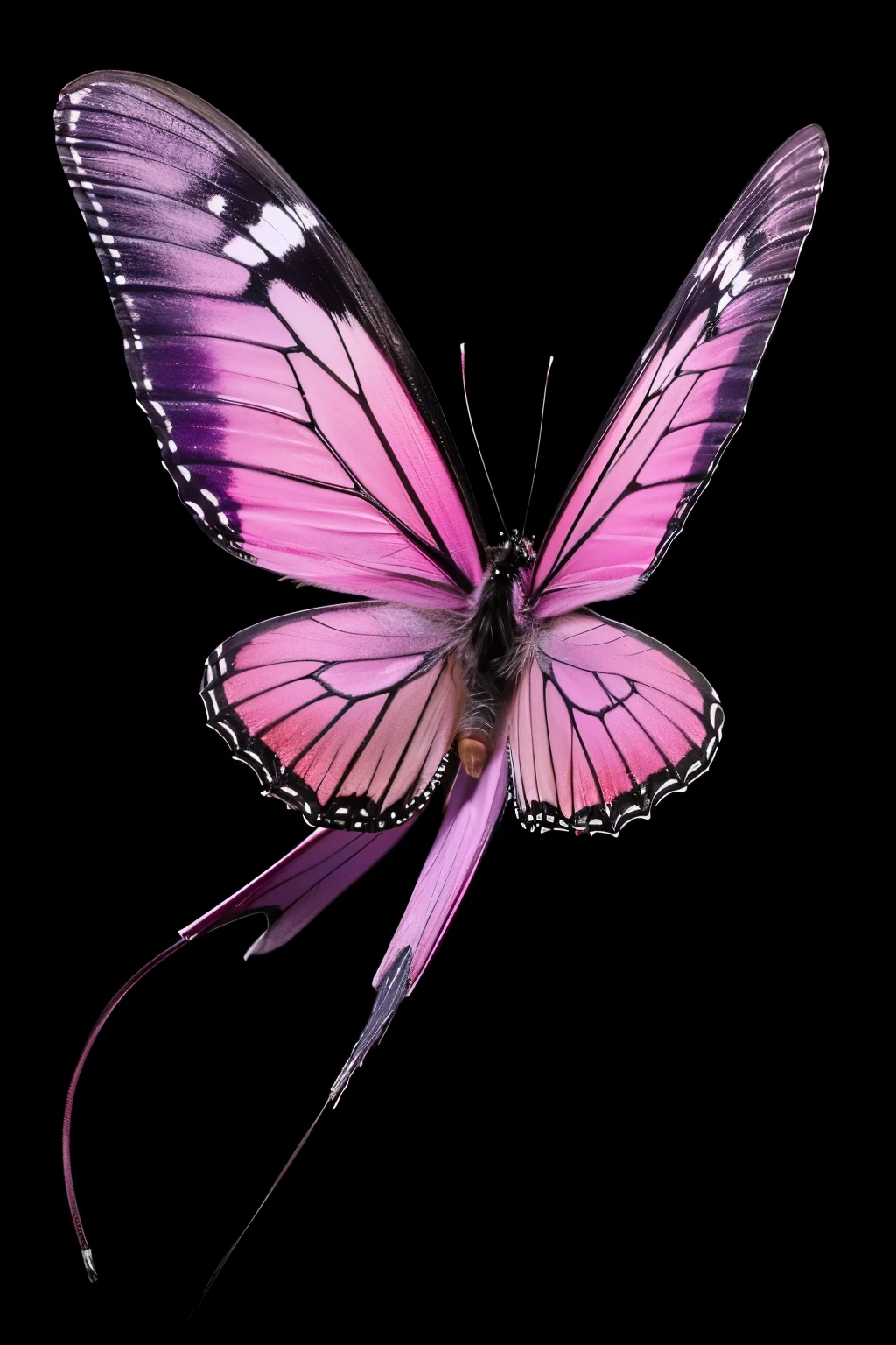 black background，There is only one huge pink-purple butterfly with a slight flame.，it spreads its delicate wings，Beautiful and moving。insect，simple background