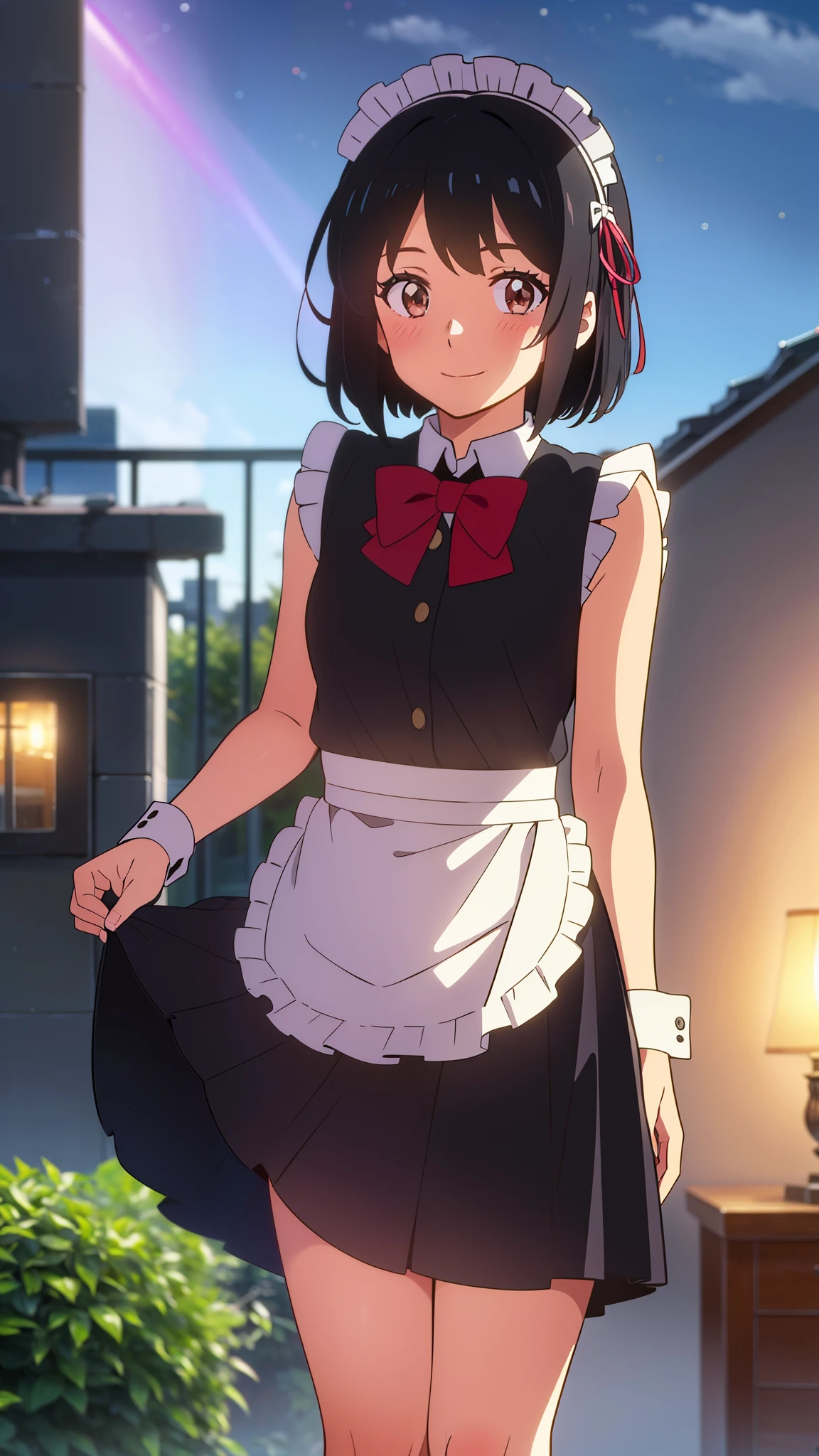 shinkai makoto, kimi no na wa., 1girl, bangs, black hair, short hair, blush, brown eyes, looking at the viewer, ((girl wear maid dress, Off-the-shoulders, short dress, short skirt, maid headdress)), red bow, red ribbon, smile, cute, happy, fun, joyful, school, outdoors, night, night sky, cloudy, dynamic lights
