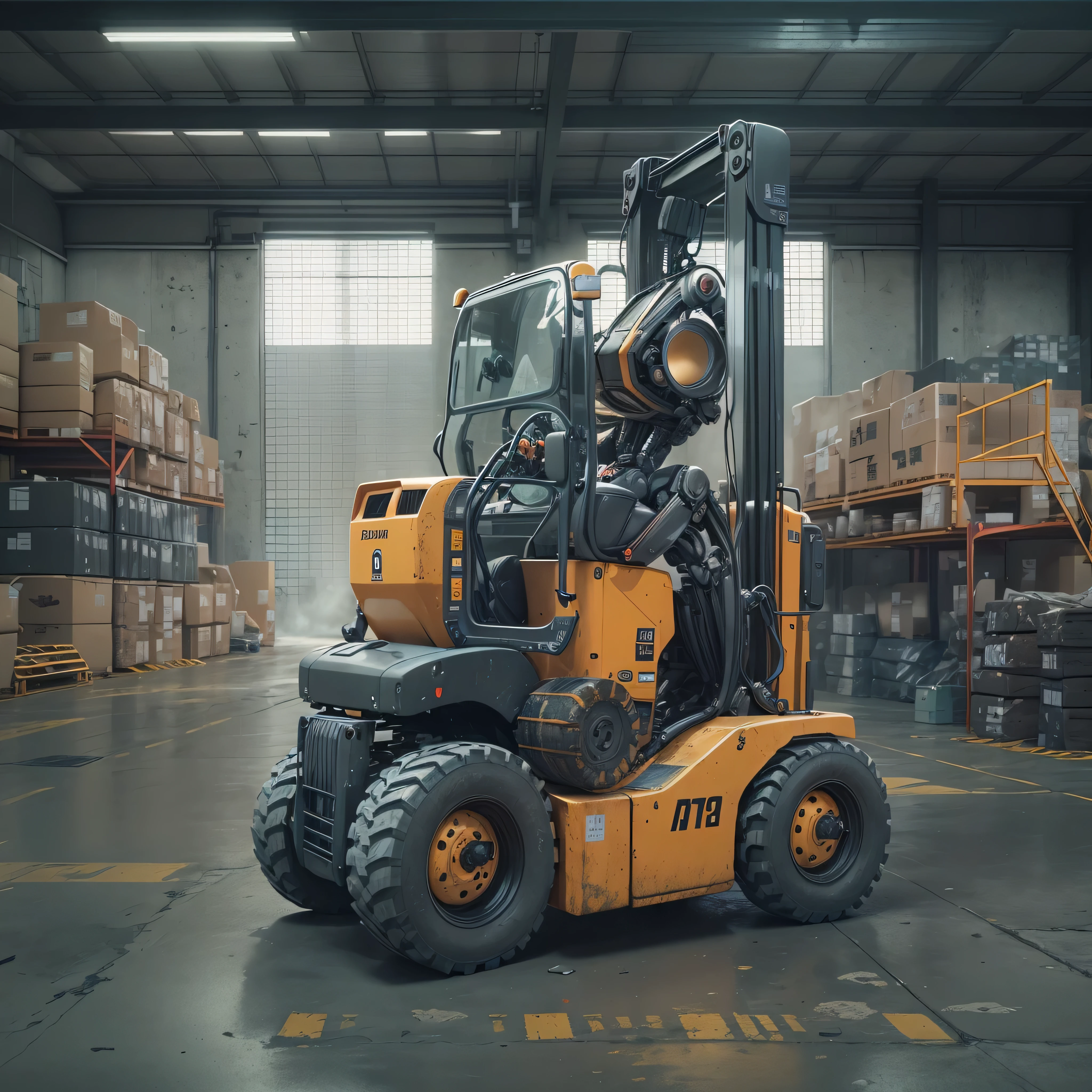 An artificial intelligence robot DRIVING a forklift, the robot is driving, and the robot is wearing a hardhat, photo-realistic, octane render, unreal engine, ultra-realistic