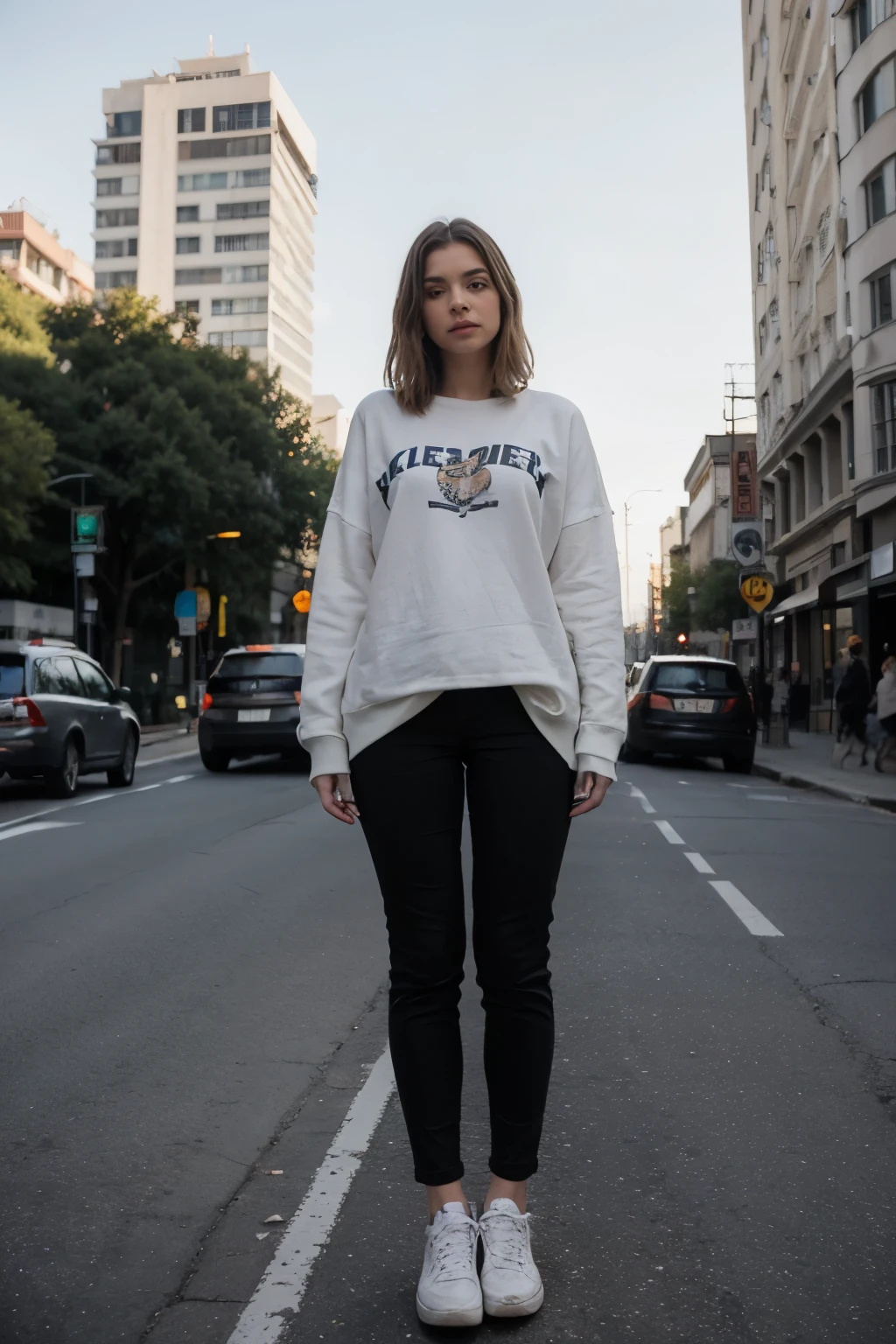 ((Mejor calidad)), ((Obra maestra)), (detallado), cara perfecta, woman standing at a crossroads, a corner, there is a traffic light, and stopped vehicles, many people cross the road, she wears loose clothing, loose black pants, white oversized sweatshirt, full body, urban shoes