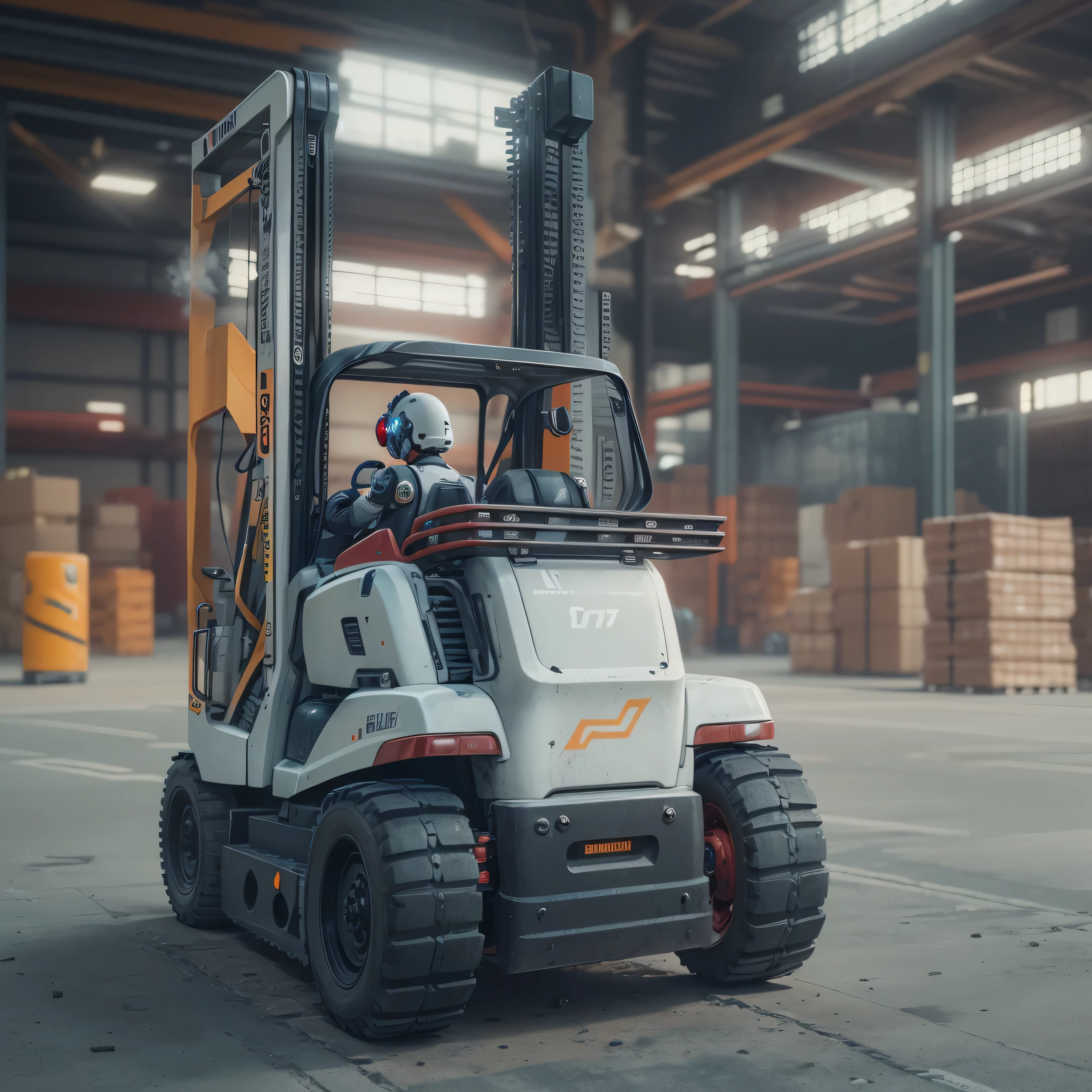 An artificial intelligence robot DRIVING a forklift, the robot is driving, and the robot is wearing a hardhat, photo-realistic, octane render, unreal engine, ultra-realistic