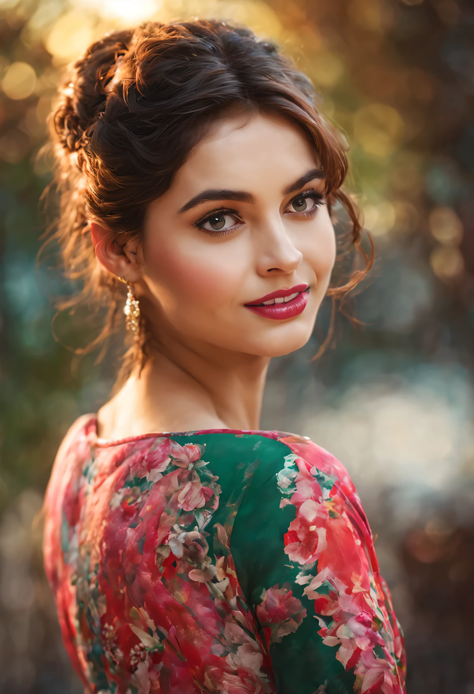 big , night bokeh effect background, perfect pink eyes, fantastic face, Indian, beautiful look, ((red lips, bright eyes, curve heir 1.5)), ((beautiful details body)), A glorious gorgeous, glorious gorgeous face, pretty face, bright eyes, detailed elegant printed green and red shirt, updo elegant hair, blurred gray tones background, ultra focus, face ilumined, face detailed, 8k resolution, painted, dry brush, brush strokes, cute gorgeous face
