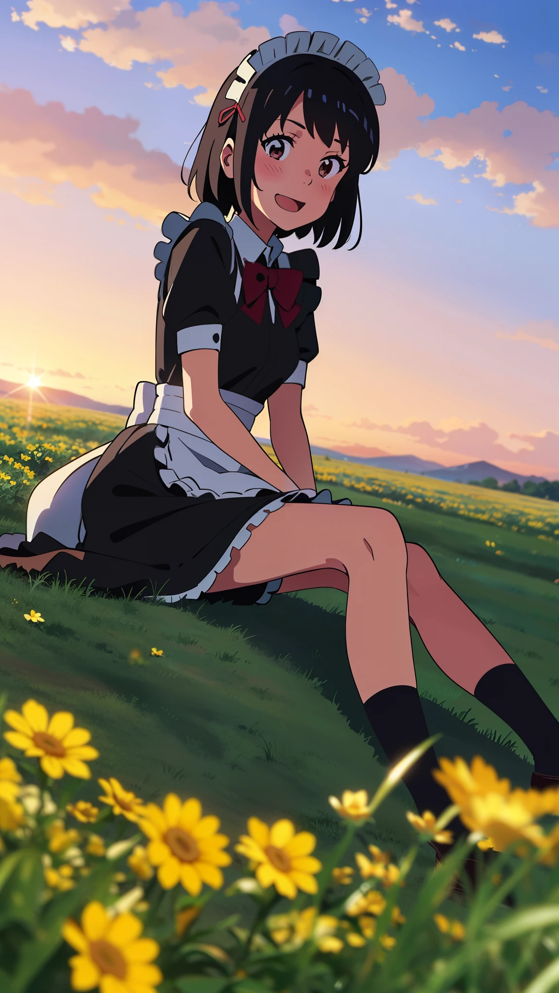shinkai makoto, kimi no na wa., 1girl, bangs, black hair, blush, brown eyes, shiny skin, ((girl wear maid dress, short dress, short skirt, maid headdress)), Off-the-shoulders, red bow, red ribbon, short hair, smile, cute, solo, happy, open mouth, looking at viewer, flower field, Sit on grass, sky, cloudy, evening, sunset