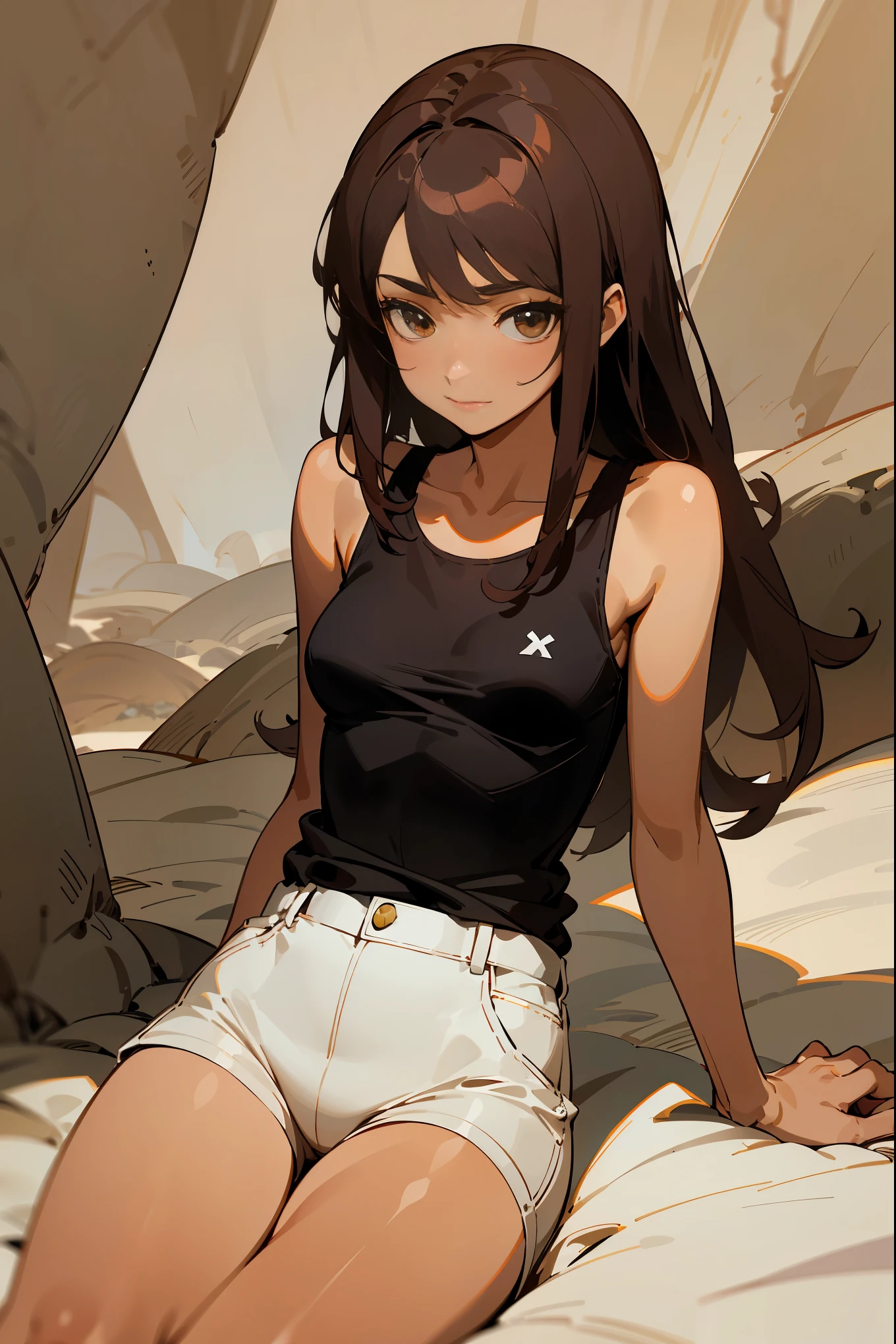 (fine lineart), masterpiece,best Quality,extremely beautiful detai led anime face and eyes,cowboy shot,gal.safetensors,20-year-old、Beauty,solo, brown hair,long hair,brown eyes,slender body,very small head、medium breasts,brown skin,gleaming skin,oily skin,shiny skin,sitting,white tight tank top、micromini shortilitary equipment、automatic rifle)、bonfire、camp、In a dark cave、rocky place、