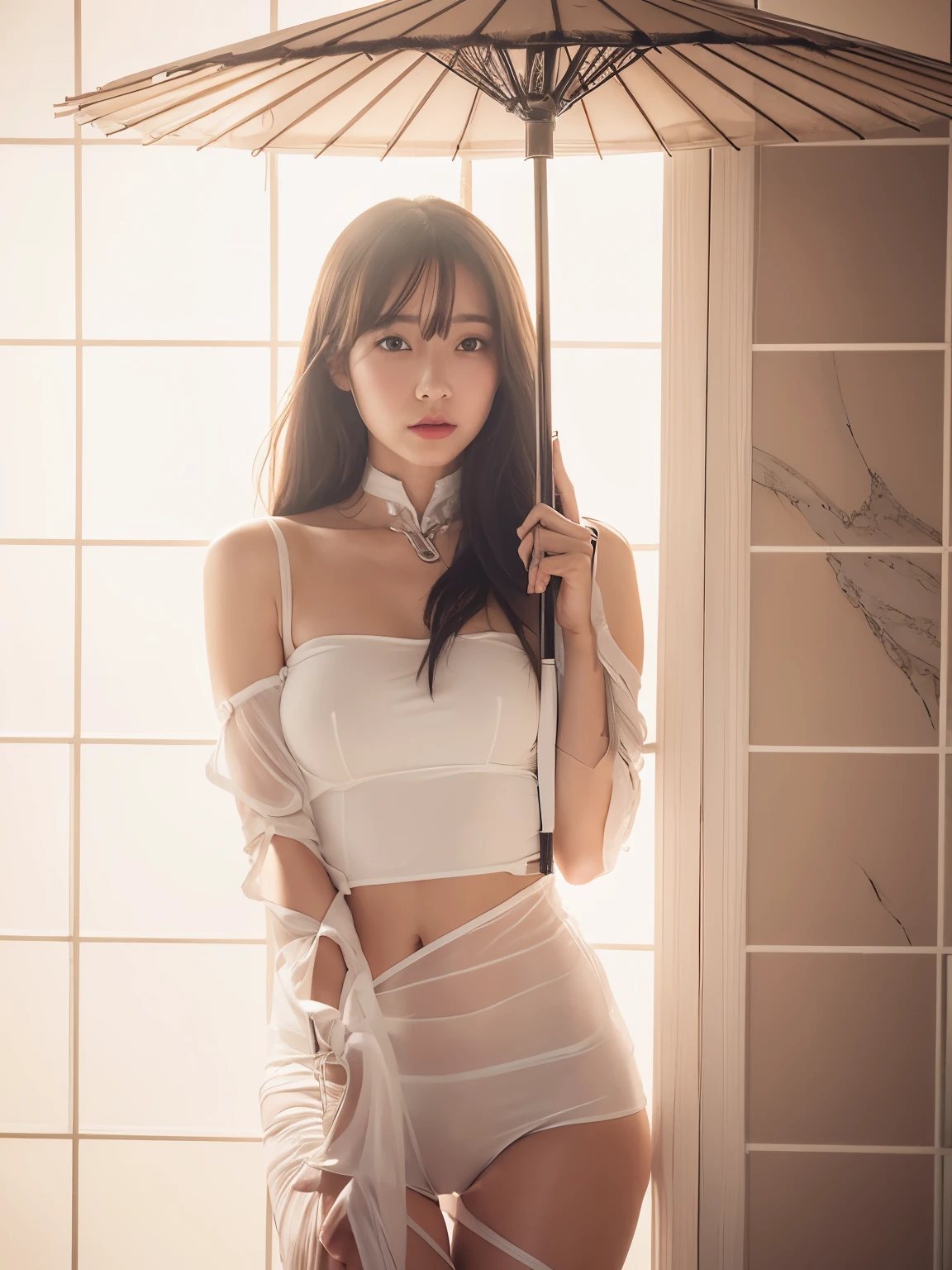 masterpiece, best quality, alone, 1 girl, glowing skin, hoop earrings, charming, Whimsical details, smooth hair, enchanting, bare shoulders, crop top, cheongsam, See deeply, Compared, professional model, front, portrait 
