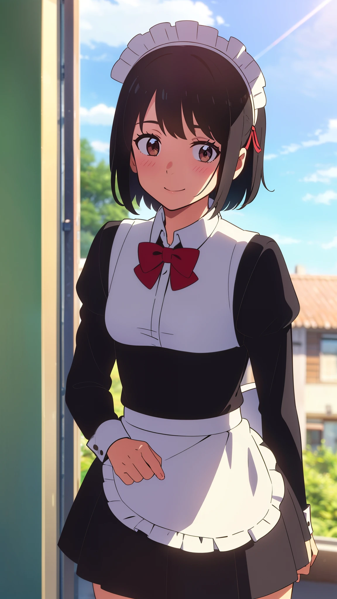 shinkai makoto, kimi no na wa., 1girl, bangs, black hair, short hair, blush, brown eyes, looking at the viewer, ((girl wear maid dress, short dress, short skirt, maid headdress)), Off-the-shoulders, red bow, red ribbon, smile, cute, happy, fun, joyful, school, outdoors, sky, cloud, sunlight, upper body