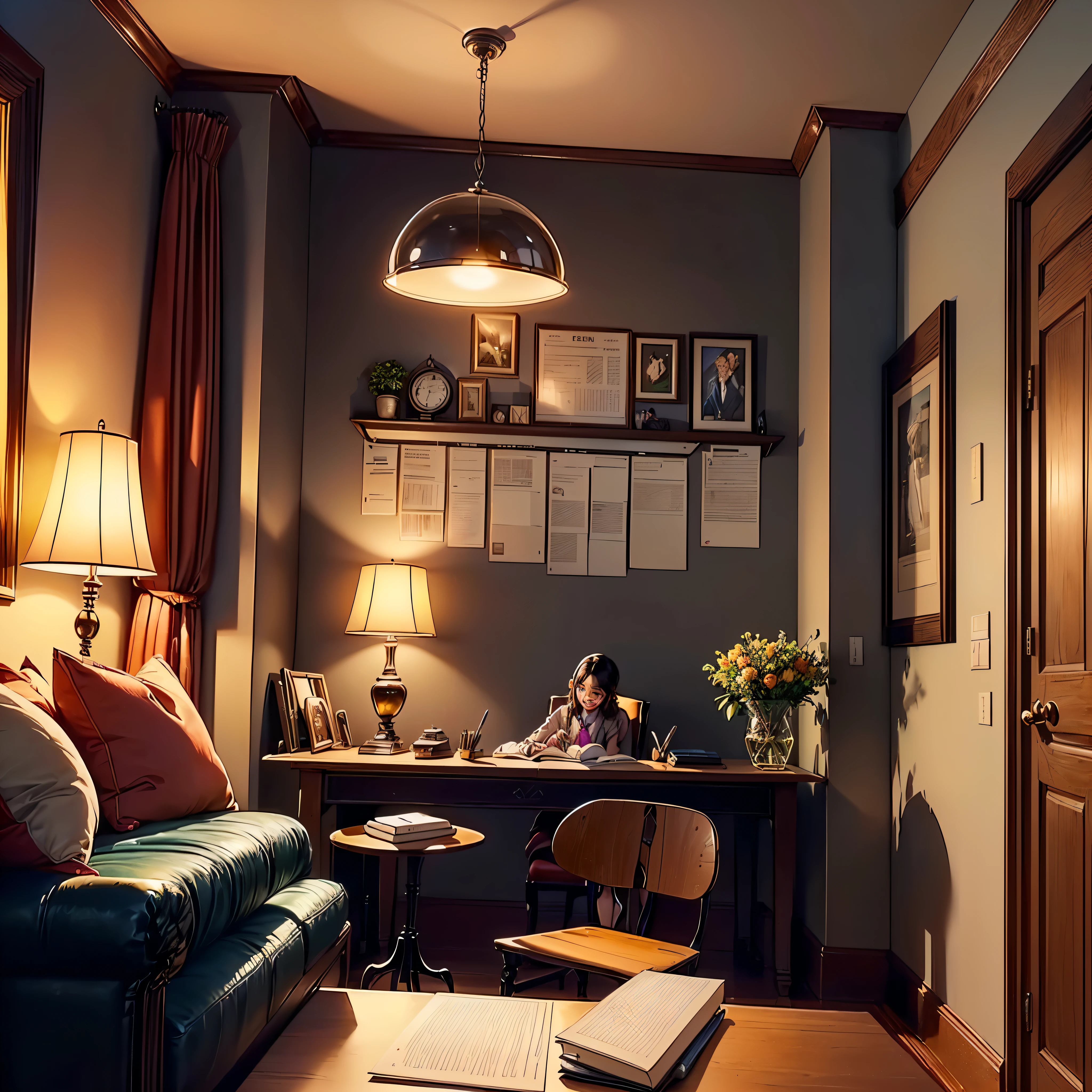 (epic Masterpiece, ultra highest quality, ulra highest resolution, ulra high-definition, distinct_image, very elaborate CG, cinematic lighting, ray tracing, drop shadows, detailed detail, (photorealistic: 1.4), ultra high quality textures, fine-grained, realistic face expression): (lone girl, face is Japan, brown short hair, small size breasts, sparkling eyes, Eye level shot, happy smile, beauty, slim body, holiday, own room, console game, computer, display, keyboard, mouse, long leather skirt, collared shirt, leather vest, handgun holder, carrying leather bag on your back, long boots, antique radio, coffee, model train, bookshelf, spacious yellowchair, Pots, fans, paintings, stuffed animals, ties, notebooks, stationery, vases, photo frames, letters, fountain pens, calendars, lamps, cushions, baskets, mirrors reflecting in profile, candles, telephone, fruit, newspapers, sweets, city Eiffel view outside the window), Pendulum clock frog varied multi etc. --v6 --s1000 --c20 --q5 --chaos100