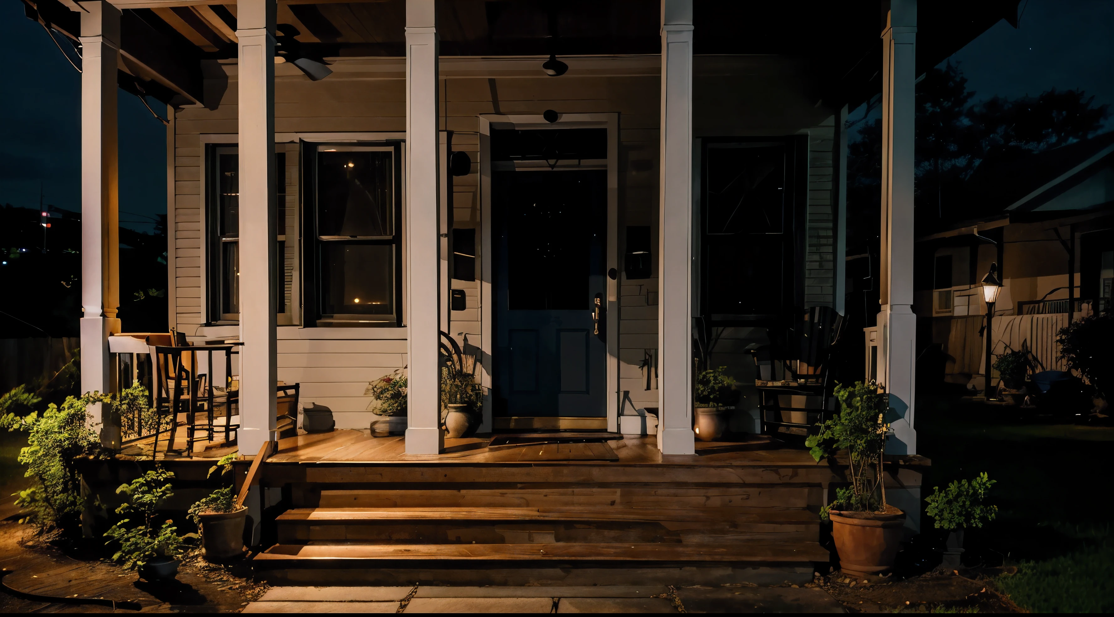 A in front of the front porch of the house.night