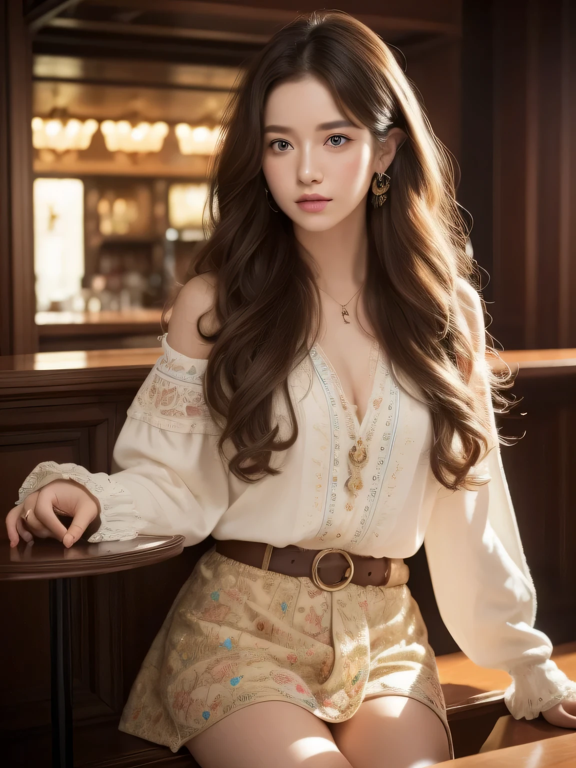 Leaning against the table 서 있는 여자, Detailed photos, CG Society, complex long curly hair, cinematic | | Very lively, discord pfp,Asian features, very pretty model, (compycore:1.2), stupid, rich red, factory, bar counter,(fashion realistic),Twinkle in your eyes,(Leaning against the table),(outside),(outsidedoor bar),(There is a lot of hair),(wavy hair),(Curly hair),(complex colored eyes:1.1),((Intricately detailed eyes)),very detailed, table top, detailed eyes, big bright blindfold:1.2), best quality, (very detailed),Shine with focused eyes:1.2), (cinematic background), ultra detail,(delicate and detailed), (intricate details), octane rendering, nffsw, (ultra detail:1.15), (((fancy))),(soft light:1.2, mini skirt