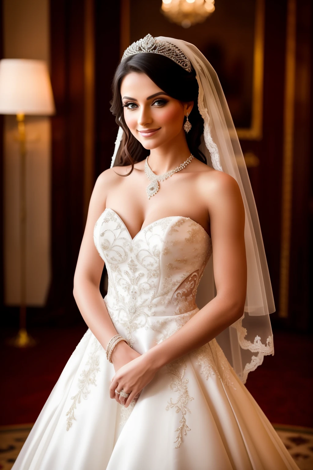 A stunning Russian bride with an enchanting smile is captured in this professional character photography. She stands elegantly in her wedding dress, radiating beauty and confidence. The luxurious and clean scenes provide a perfect backdrop for this captivating image. With a front view, the bride looks towards the camera, drawing the viewer in with her magnetic gaze. The full body photos showcase her gorgeous attire, highlighting every intricate detail. It is a portrait of perfection, capturing the essence of this beautiful bride on her special day.
