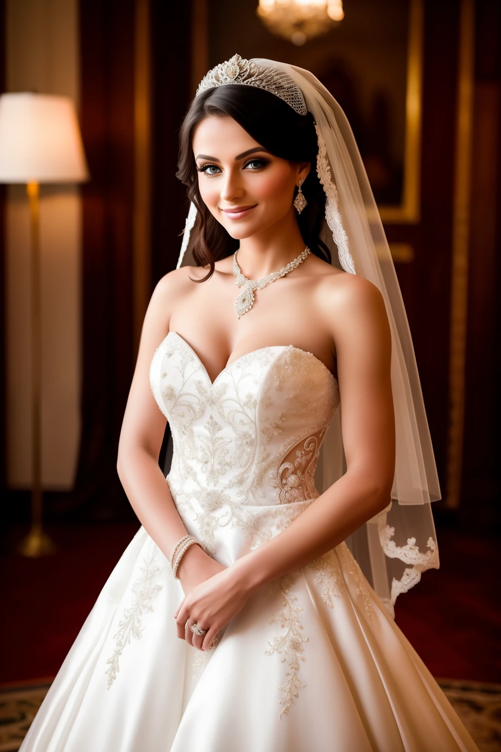 A stunning Russian bride with an enchanting smile is captured in this professional character photography. She stands elegantly in her wedding dress, radiating beauty and confidence. The luxurious and clean scenes provide a perfect backdrop for this captivating image. With a front view, the bride looks towards the camera, drawing the viewer in with her magnetic gaze. The full body photos showcase her gorgeous attire, highlighting every intricate detail. It is a portrait of perfection, capturing the essence of this beautiful bride on her special day.