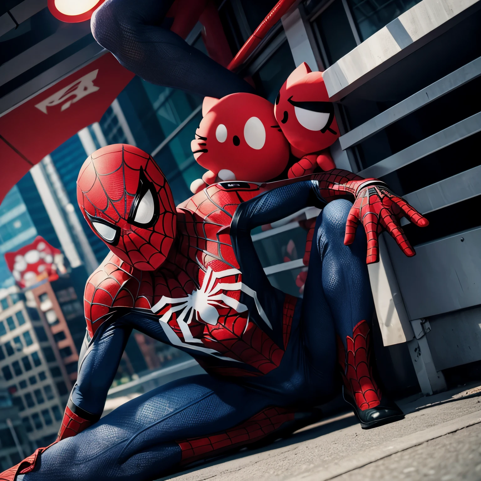 Spiderman holding, hello kitty