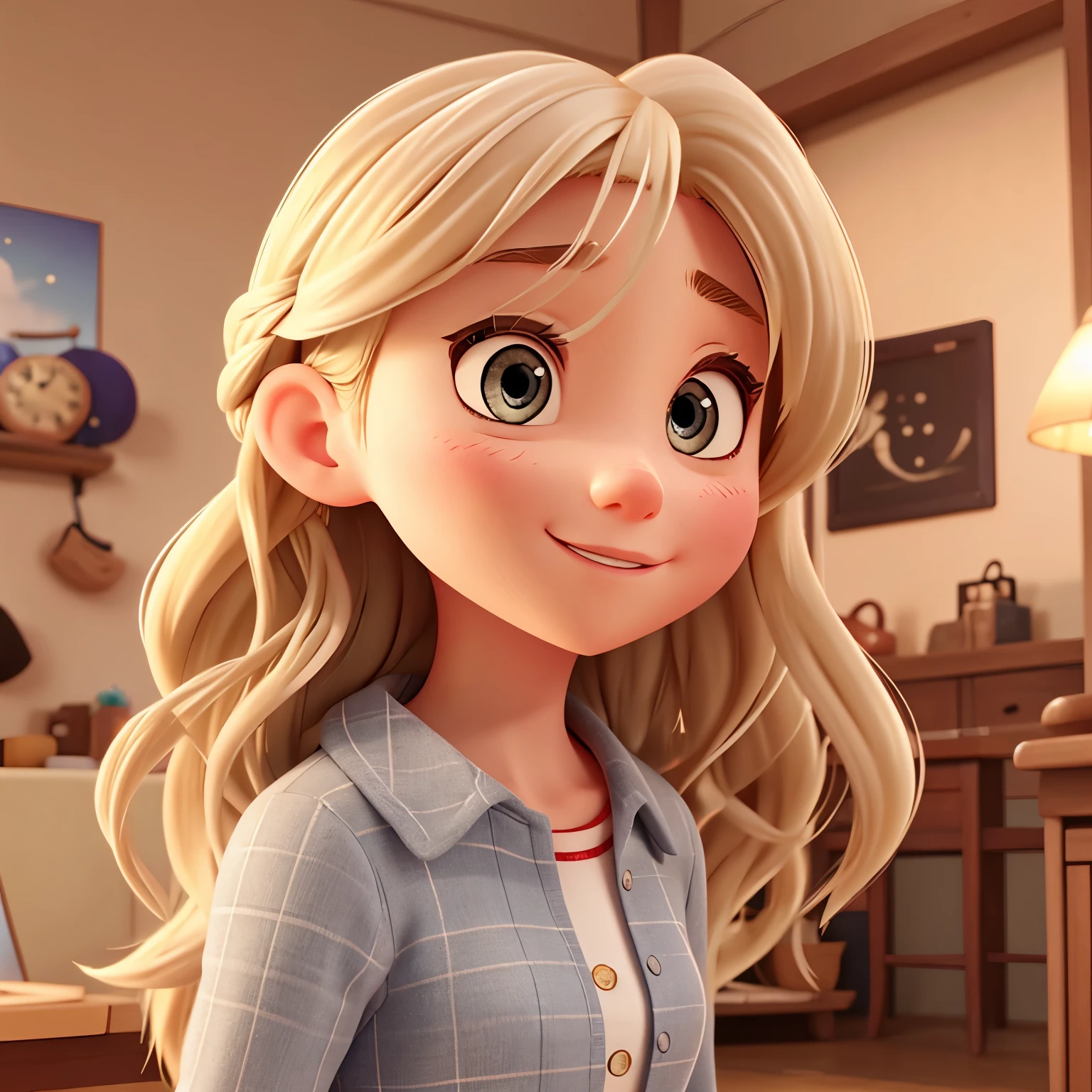 pixar style。。She has long blonde hair and gray eyes.。