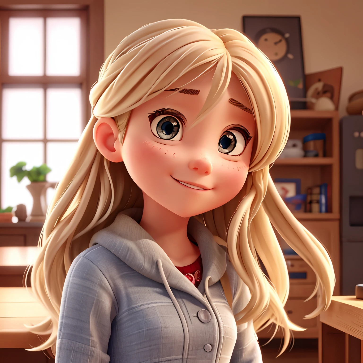pixar style。。She has long blonde hair and gray eyes.。