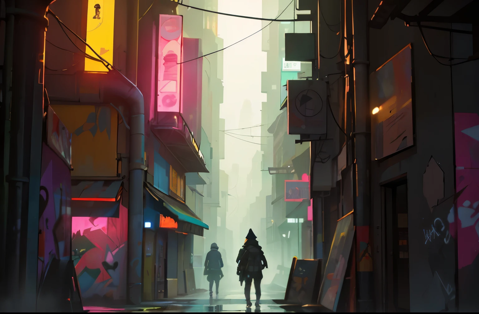 Illustration de tendance,en style graffiti,vibrant de couleurs,Superbe collection,urban buildings,porter du cyberpunk, rain, dystopia, poor, night, sinistre atmospher