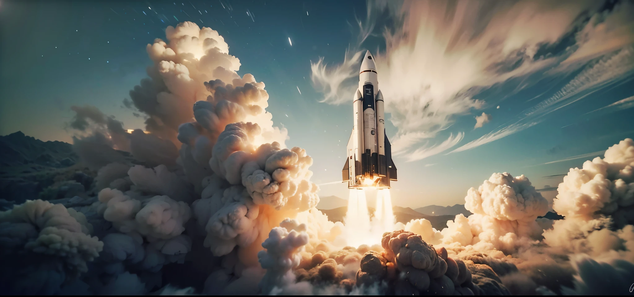 A space rocket is shown blasting off into space, surrounded by clouds of smoke. The rocket is in the center of the image and appears to be in motion as it climbs into the sky.