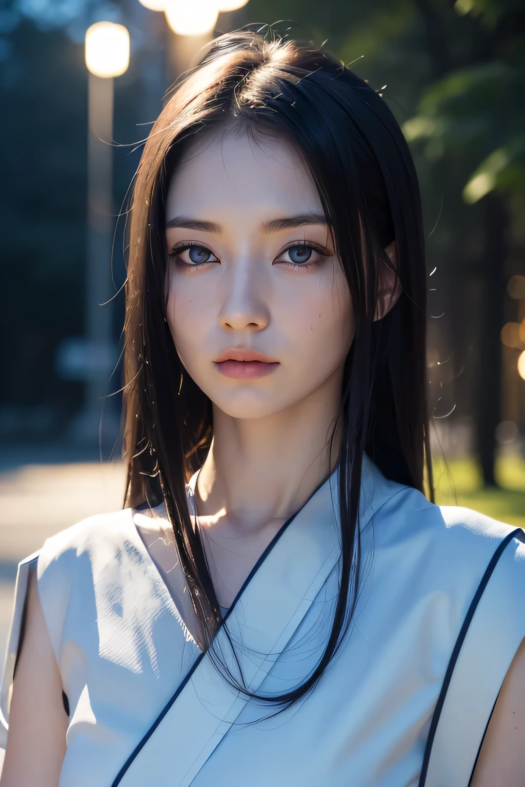 photo portrait de femme, yeux bleus, Asian European, visage de face, dark hair , pale skin, en plein air, nuit, High quality