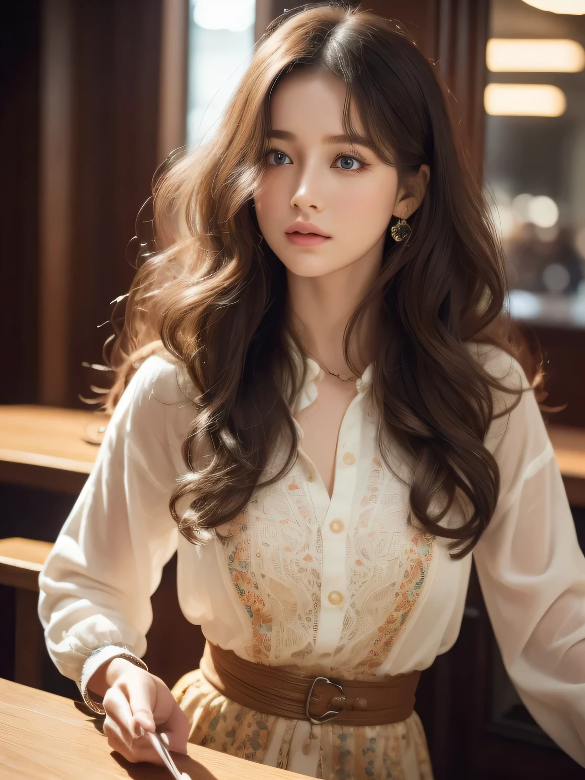 Leaning against the table 서 있는 여자, Detailed photos, CG Society, complex long curly hair, cinematic | | Very lively, discord pfp,Asian features, very pretty model, (compycore:1.2), stupid, rich red, factory, bar counter,(fashion realistic),Twinkle in your eyes,(Leaning against the table),(outside),(outsidedoor bar),(There is a lot of hair),(wavy hair),(Curly hair),(complex colored eyes:1.1),((Intricately detailed eyes)),very detailed, table top, detailed eyes, big bright blindfold:1.2), best quality,  (very detailed),Shine with focused eyes:1.2), (cinematic background), ultra detail,(delicate and detailed), (intricate details), octane rendering, nffsw, (ultra detail:1.15), (((fancy))),(soft light:1.2, mini skirt