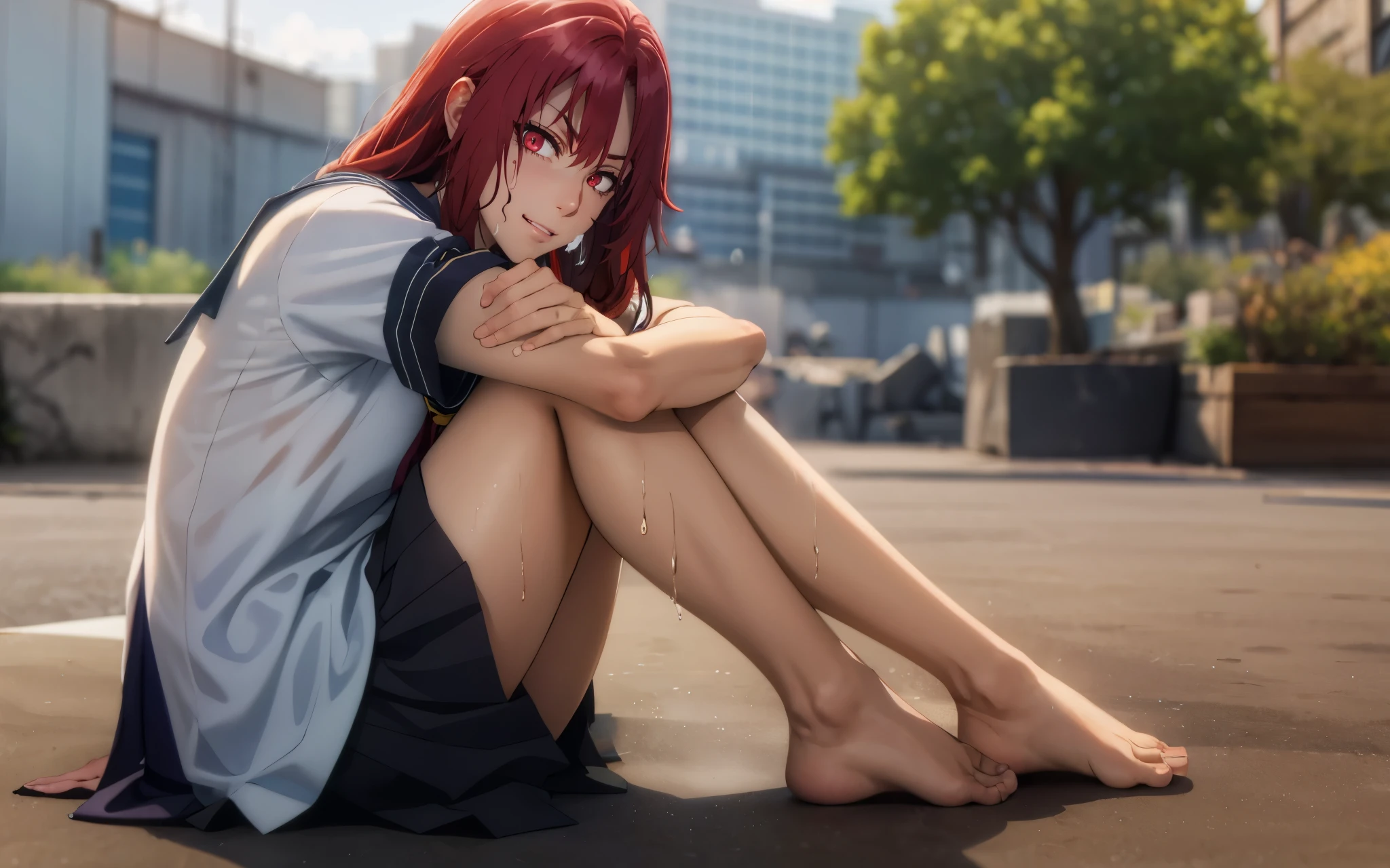 red hair, long hair, braid, red eyes, muscular female, anatomically correct, best quality, masterpiece, high quality, high details, highres, HD, (shaded face:1.2), hollow eyes, looking at viewer, heavy breathing, smirk, uppert teeth, 1girl, feet, barefoot, solo, school_uniform, looking_at_viewer, blurry, sitting, toes, day, outdoors, depth_of_field, tree, skirt, blurry_background, serafuku, short_sleeves, stretch, leg_hug, legs, bare_legs, sailor_collar, knees_up, black_skirt, soles, glow effects, godrays, Hand drawn, render, 8k, octane render, cinema 4d, blender, dark, atmospheric 4k ultra detailed, cinematic, Sharp focus, big depth of field, Masterpiece, colors, 3d octane render, 4k, concept art, trending on artstation, hyperrealistic, Vivid colors, extremely detailed CG unity 8k wallpaper, trending on CGSociety, Intricate, High Detail, dramatic, wet, sweating, steaming body, reflective water
