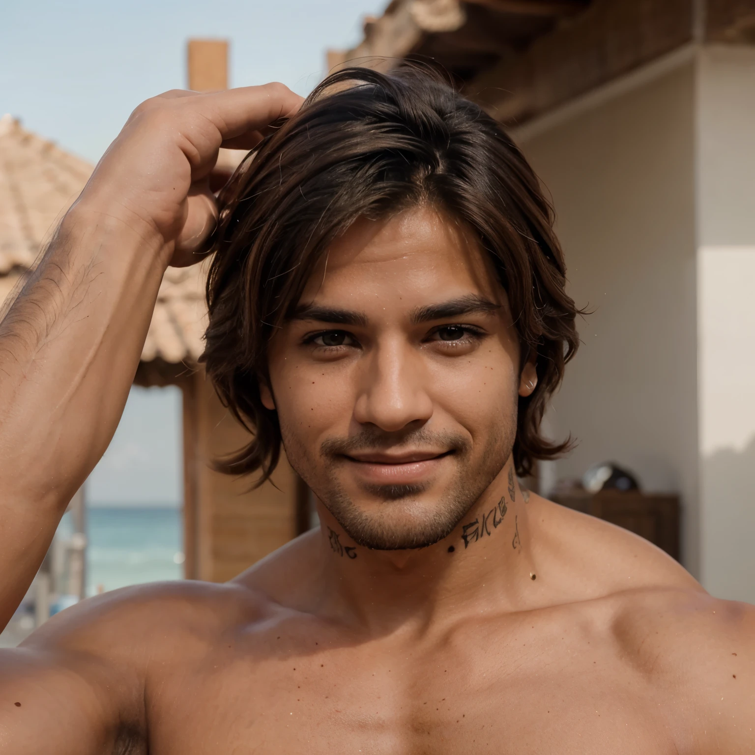 Hombre fitnes, 30 years, color de piel bronceado, ojos pardos, cabello corto, barba corta, tatuajes, 1,70 de estatura, sonrisa hermosa