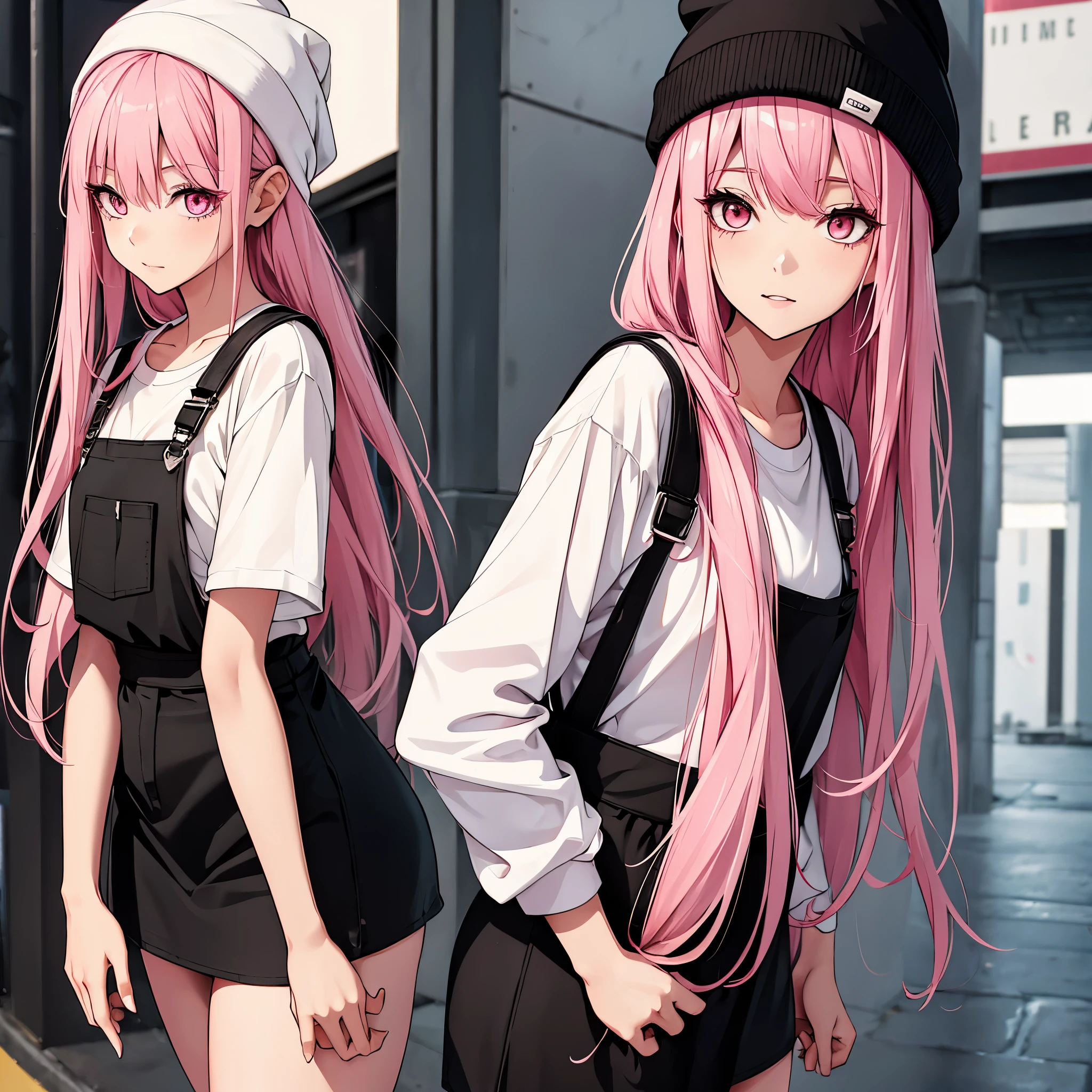 Girl long straight pink hair pink eyes with black beanie white skin wearing a white shirt with overalls black short skirt
